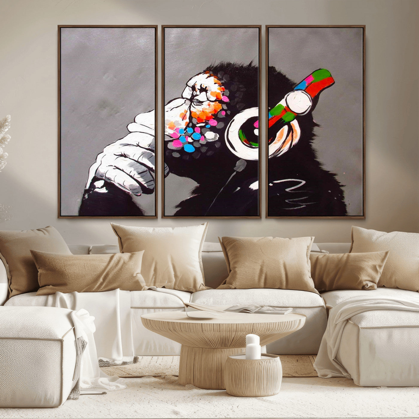 MGV-FC-48X32-3P - Dj Monkey Listening to Music Wall Art Print | Banksy Monkey Large Canvas Print for Living Room,