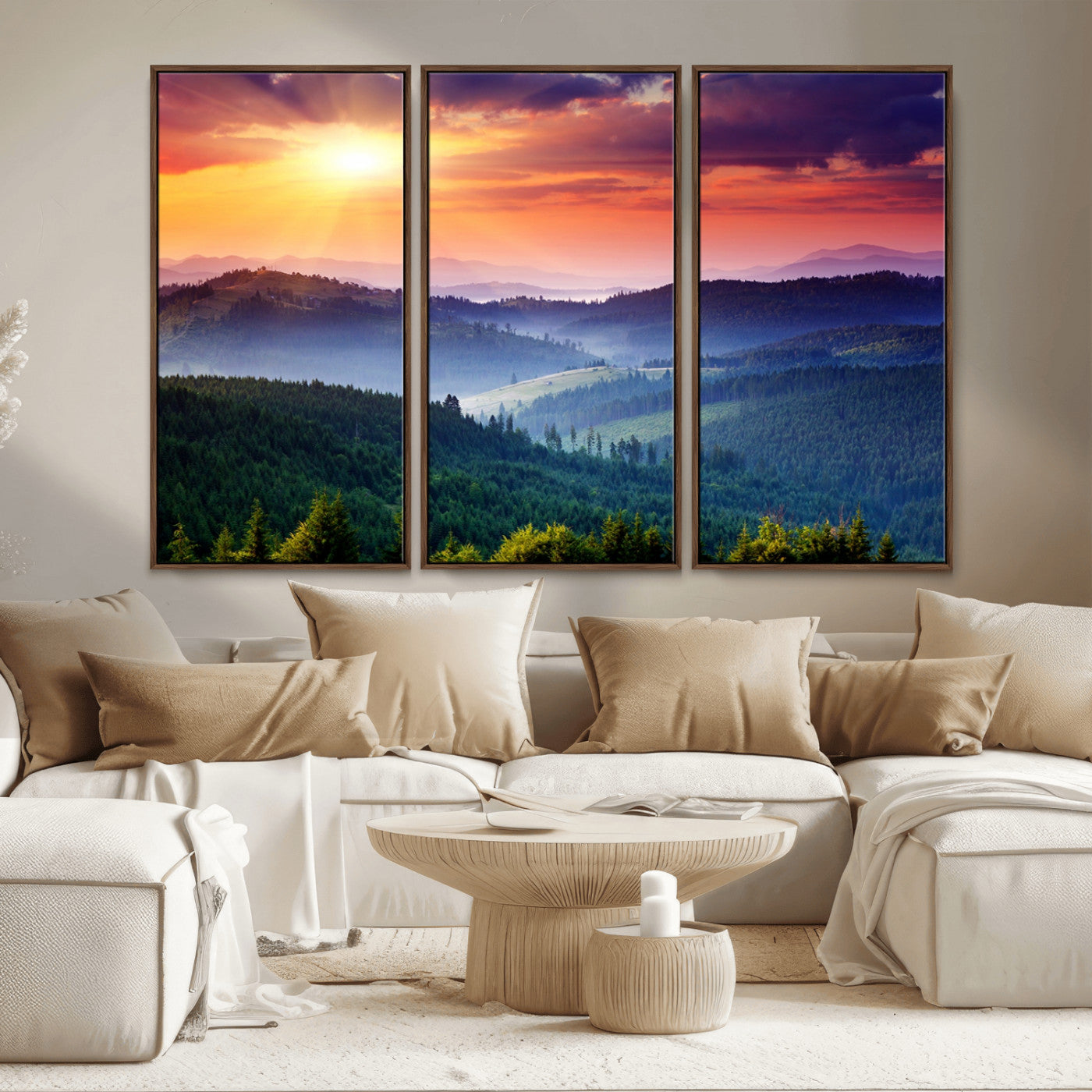 MGV-FC-48X32-3P - Beautiful Sunset over Hills Forest Landscape Canvas Wall Art Print