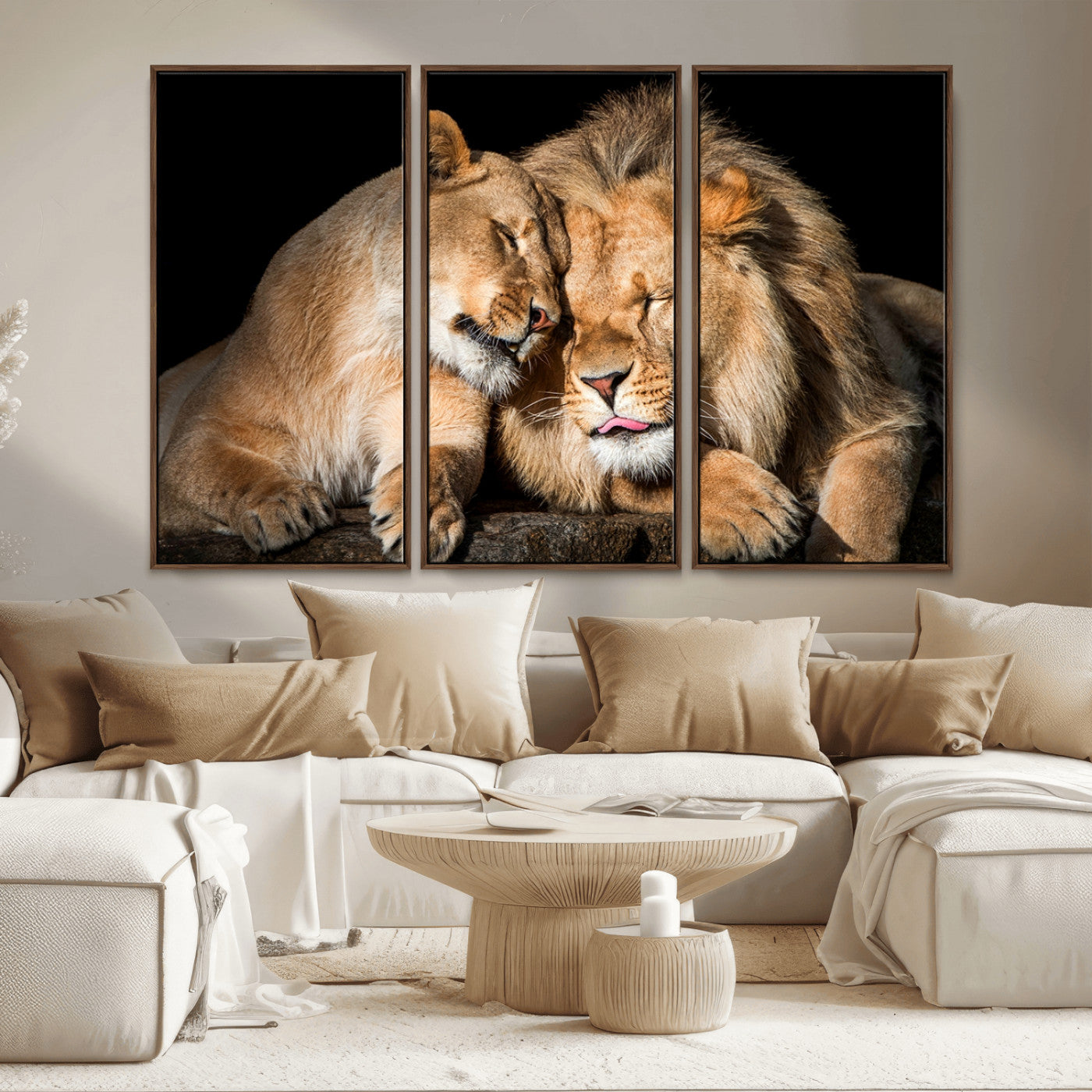 MGV-FC-48X32-3P - Lion and Lioness Wall Art Print Canvas | 3-Panel African Wildlife Canvas Print | Animal-Themed Art