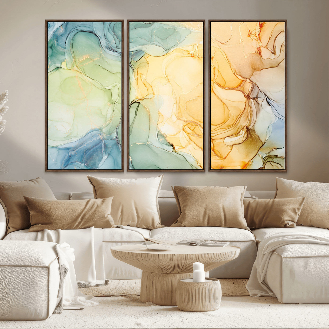 -Green and Yellow Marble Fluid Effect Wall Art, Green and Yellow Marble Canvas Wall Art Print