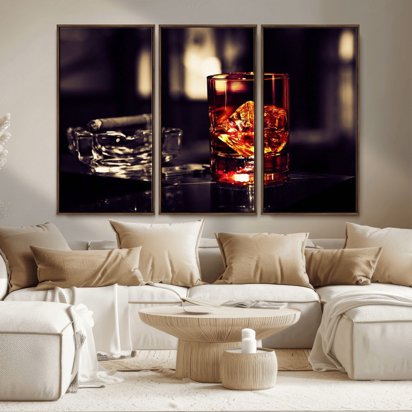 MGV-FC-48X32-3P - Whiskey and Cigar Canvas – Luxurious Wall Art for Home or Bar – Glass and Cigar Scene Print Canvas