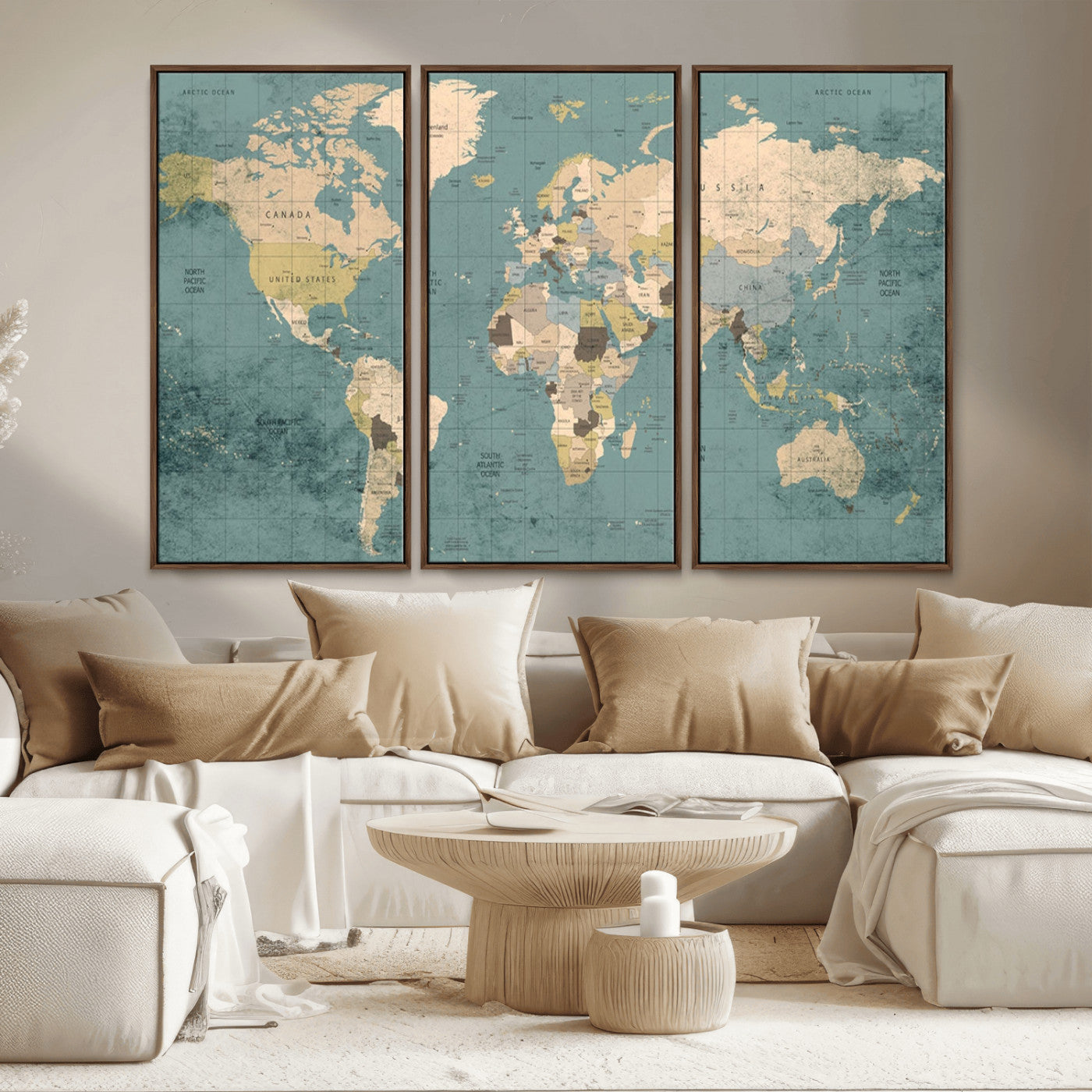 MGV-FC-48X32-3P - Classic World Map Wall Art Canvas Print, Framed Retro Map Art Picture Print, Vintage Atlas Perfect Rustic Explorer Decor Artwork
