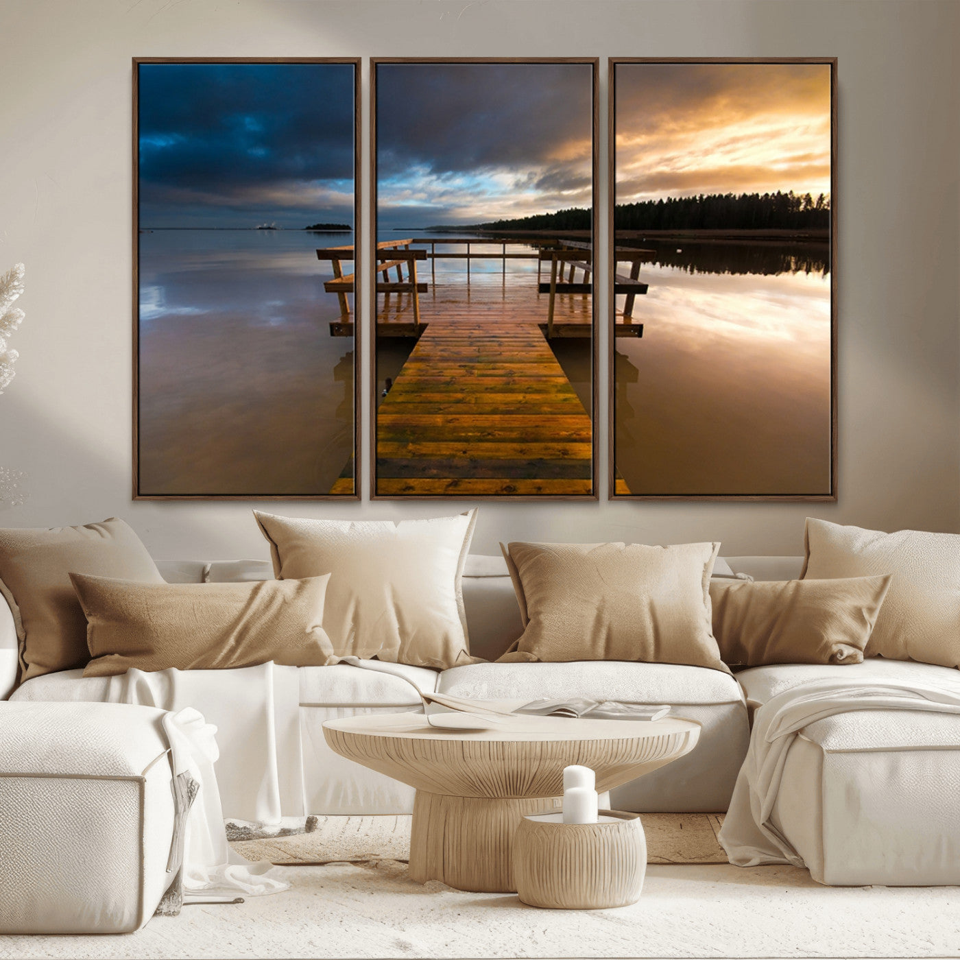 MGV-FC-48X32-3P - Serene Lake Pier at Sunset Canvas Print | Landscape Canvas Print | Ready to Hang and Framed Wall Art