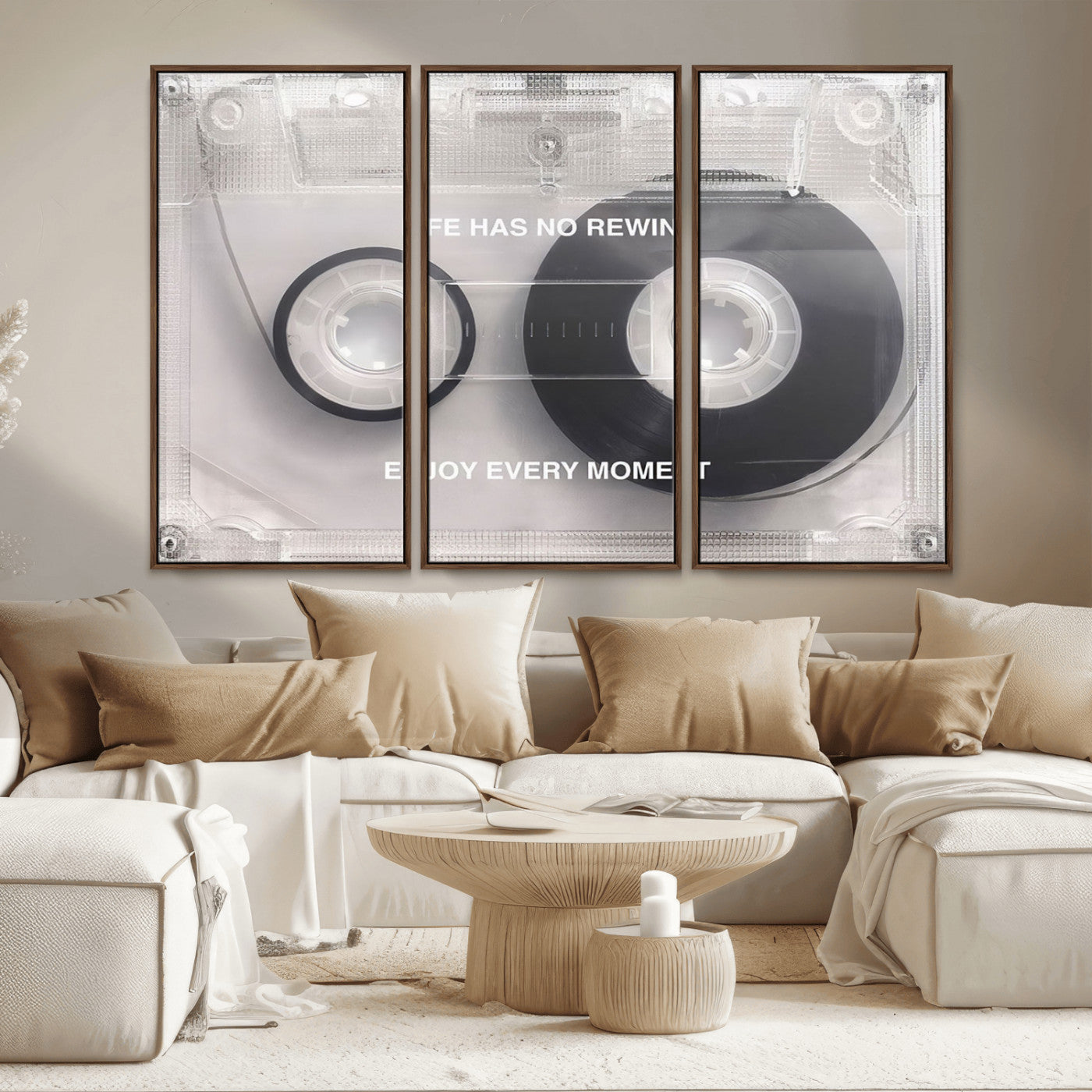 MGV-FC-48X32-3P - Vintage Cassette Tape Canvas Wall Art - Inspirational 'Life Has No Rewind' Quote, Retro Music Decor