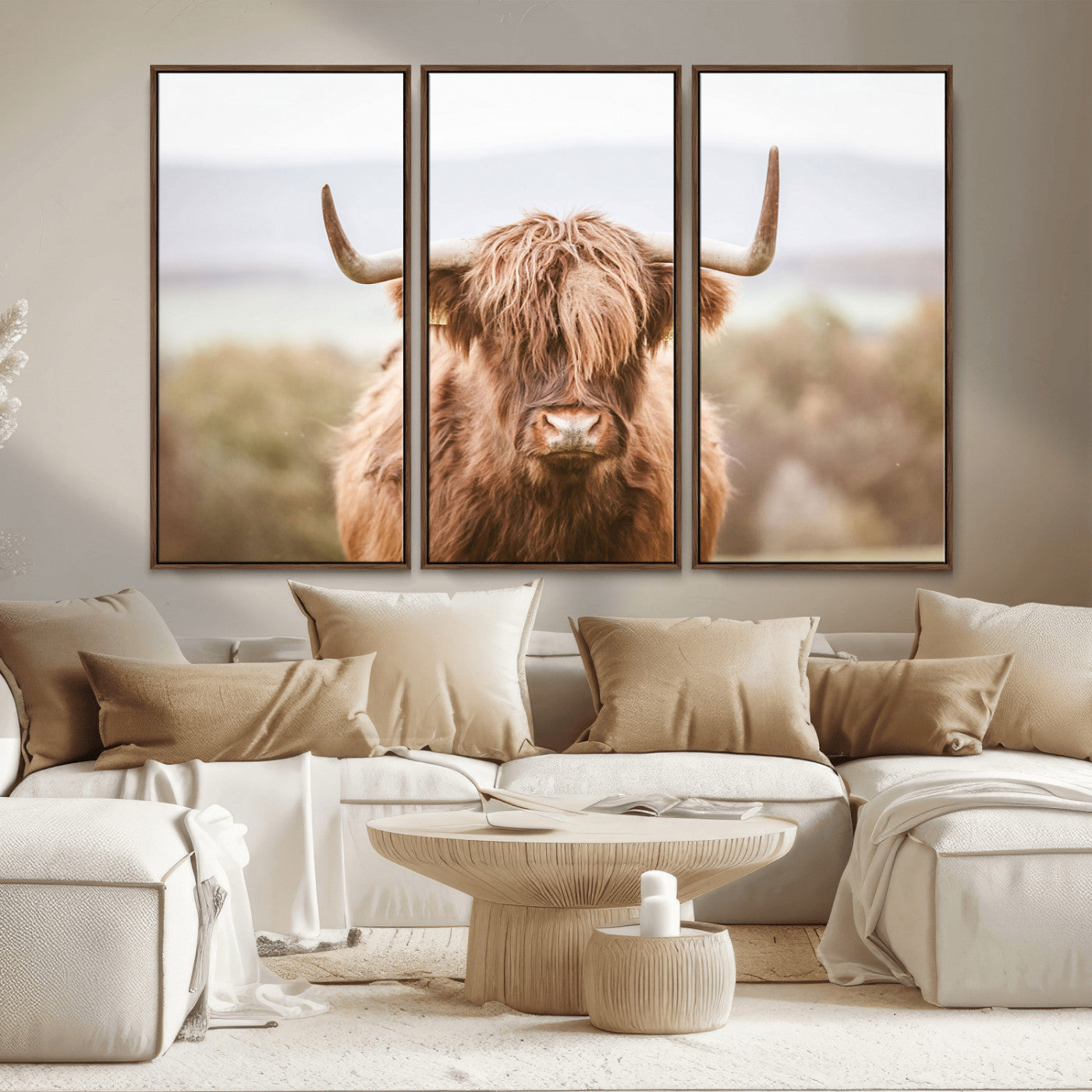 MGV-FC-48X32-3P - Scottish Serene Highland Cow Canvas Wall Art – Serene Highland Cow in Natural Pastel Tones – Ready
