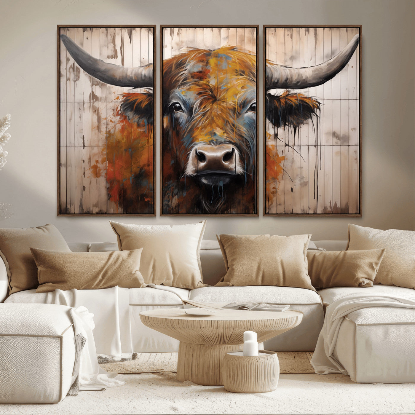 MGV-FC-48X32-3P - Abstract Bull Highland Cow Canvas Wall Art Print – Vibrant Rustic Charm in Modern Farmhouse Decor –