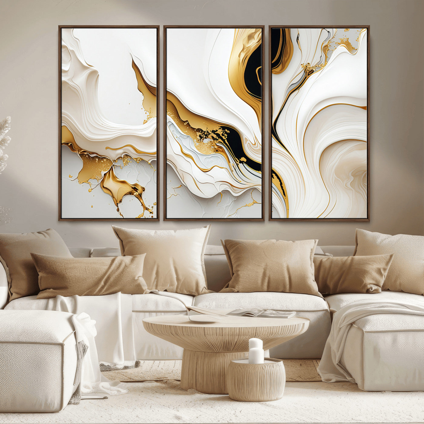 -Gold Waves on Pure White Canvas – Gold Abstract Art for Modern Interiors | Wall Art Canvas, Framed &