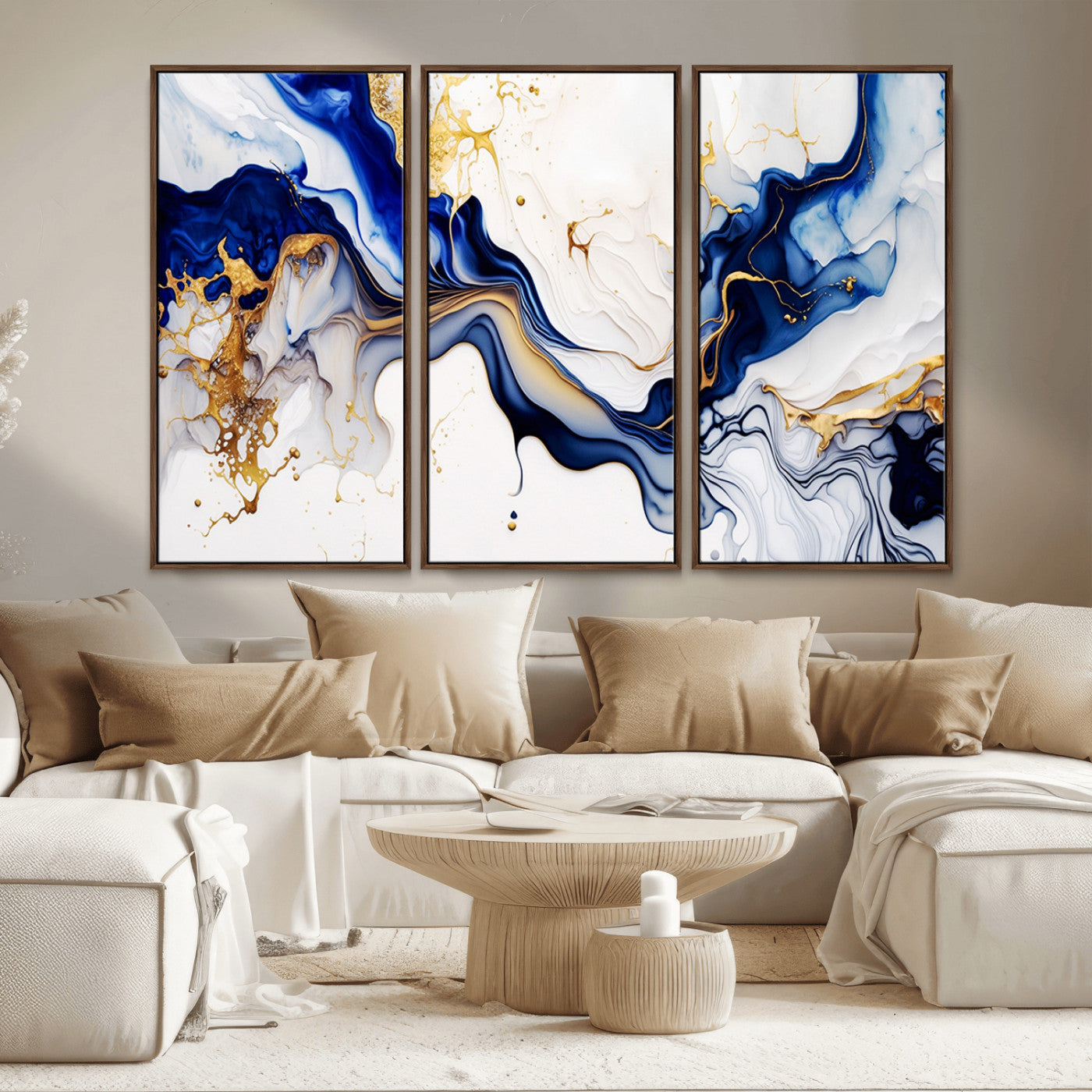 MGV-FC-48X32-3P - Golden Cascades on Midnight Blue – Deep Blue Abstract Wall Art Flowing Elegance | Wall Art Canvas,