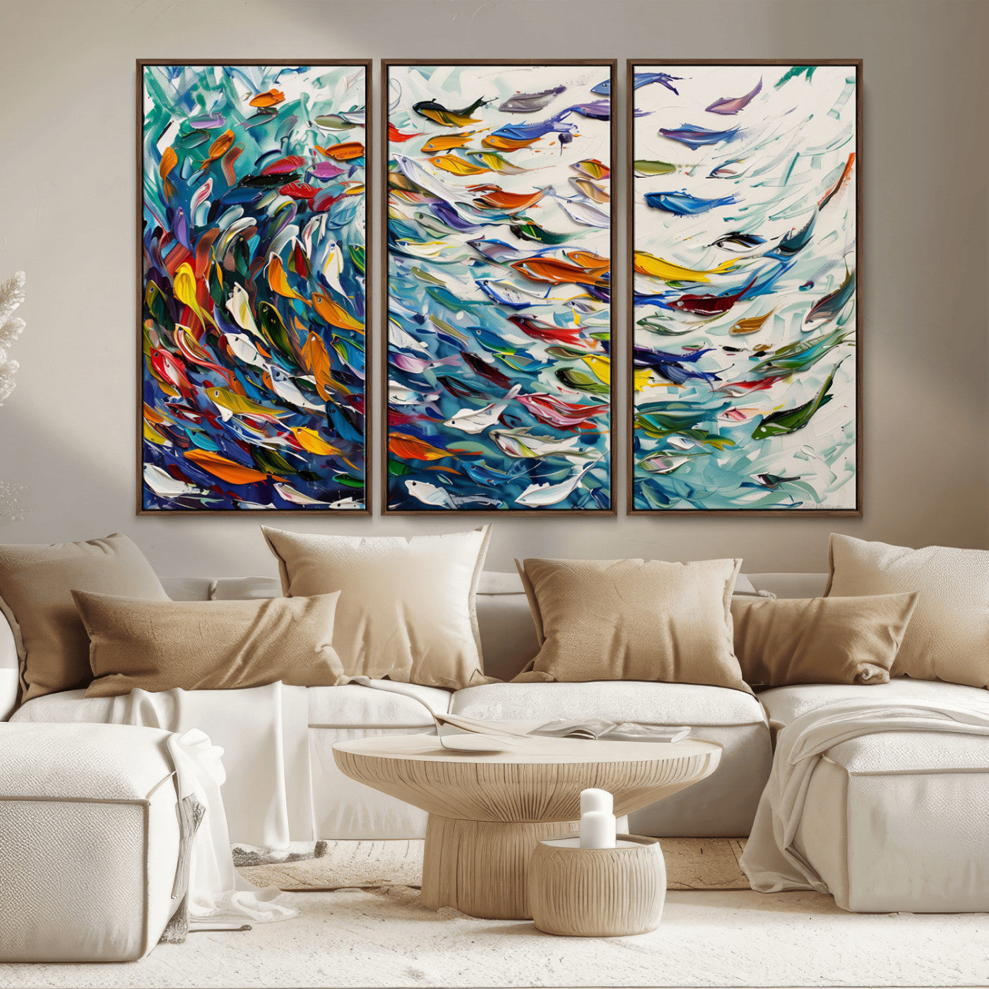 MGV-FC-48X32-3P - Modern Abstract Fish Shoal Wall Art Canvas Print, Colorful Fish Herd Painting on Canvas Print, Ocean