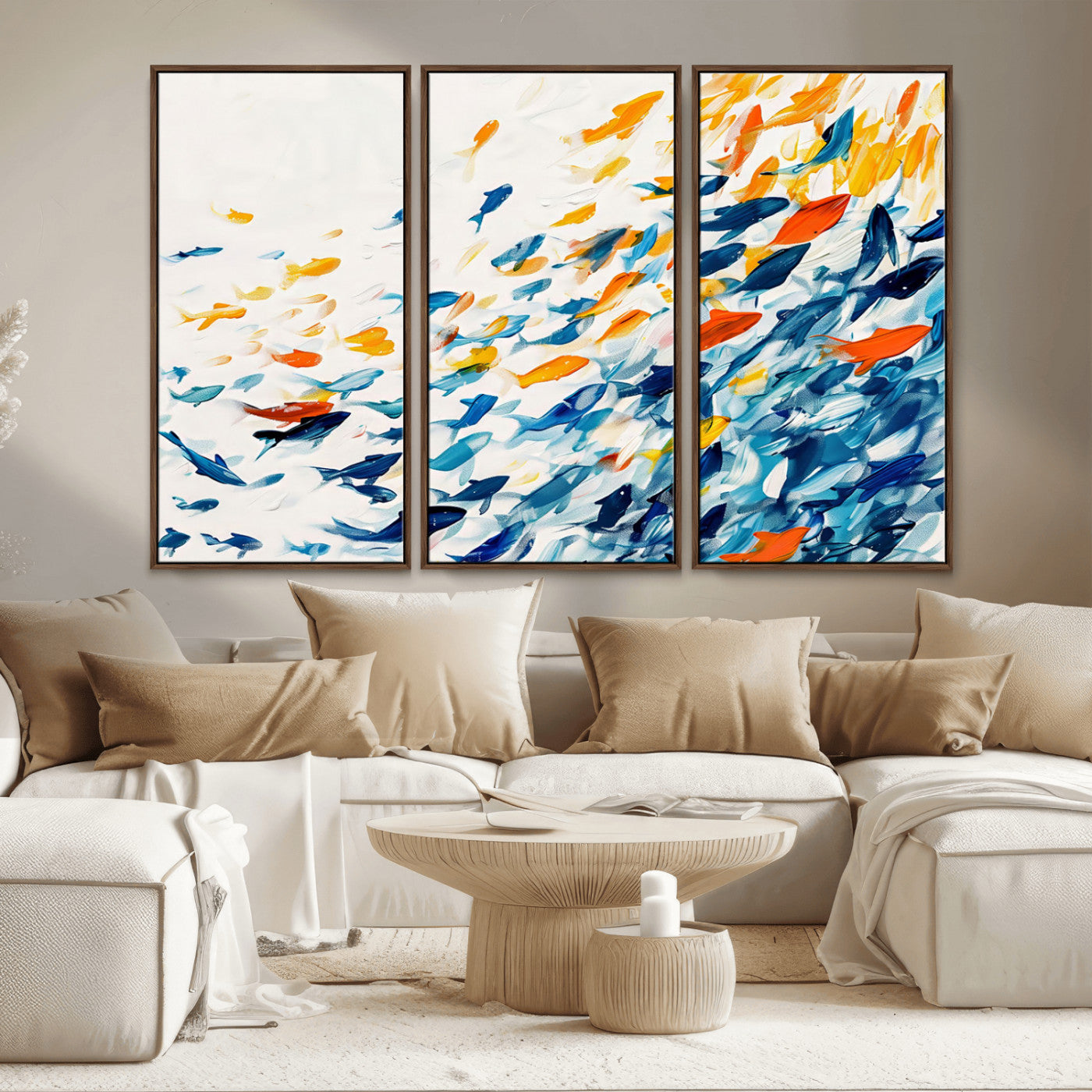 MGV-FC-48X32-3P - Abstract Fish Shoal Wall Art Canvas Print, Colorful Fish Herd Painting on Canvas Print, Ocean Animal