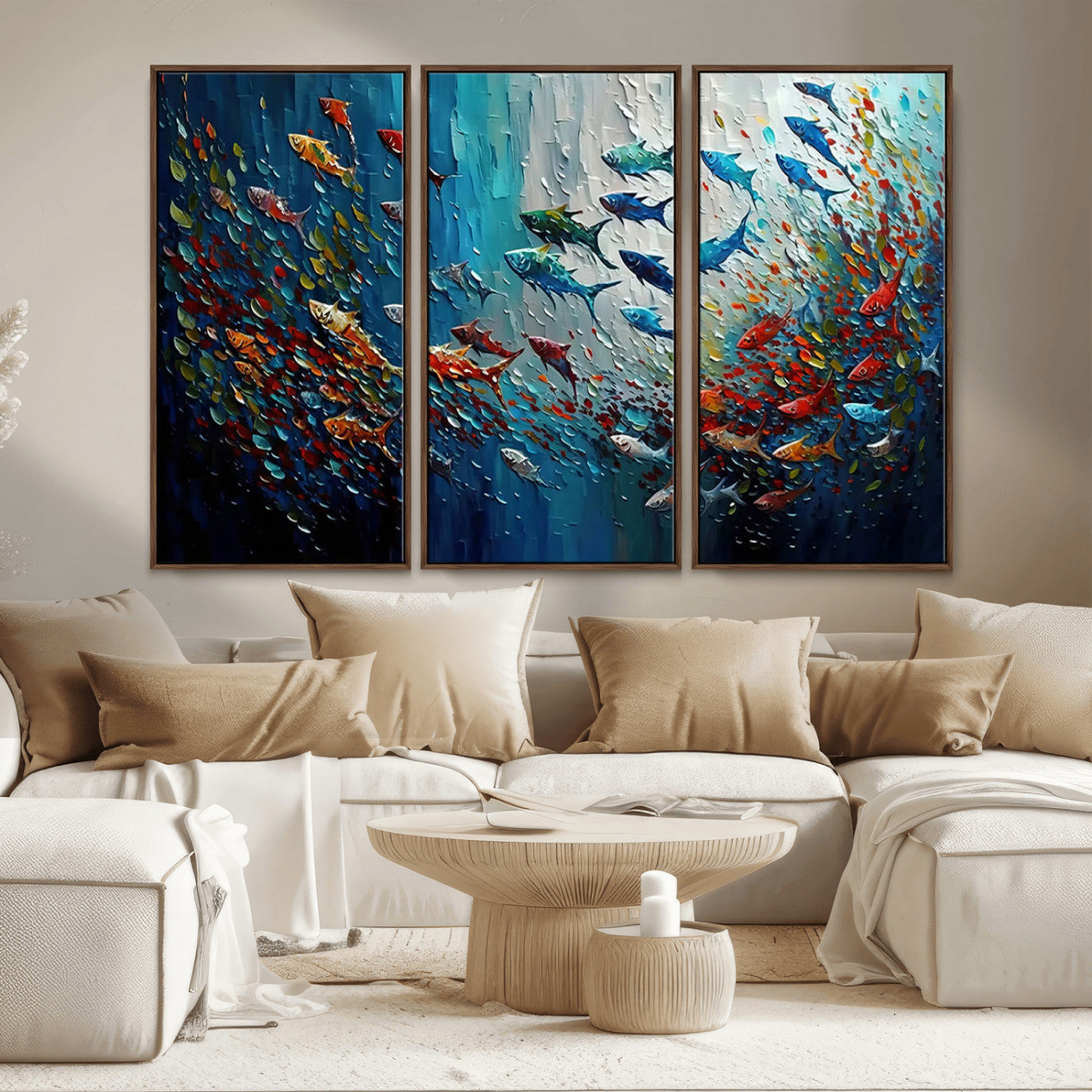MGV-FC-48X32-3P - Modern Abstract Fish Shoal Wall Art Canvas Print, Colorful Fish Herd Painting on Canvas Print, Ocean