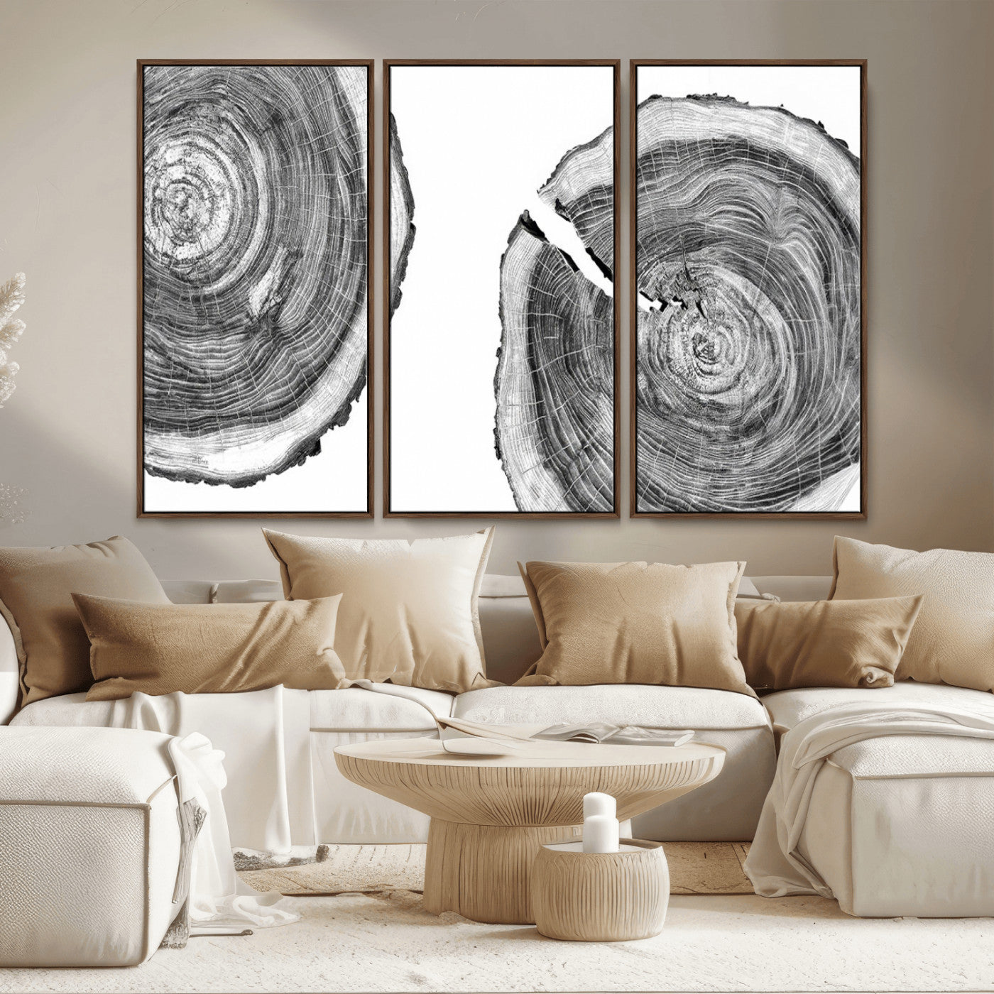 MGV-FC-48X32-3P - Modern Black and White Tree Rings Canvas Wall Art – Nature Inspired Wood Slice Print – Minimalist