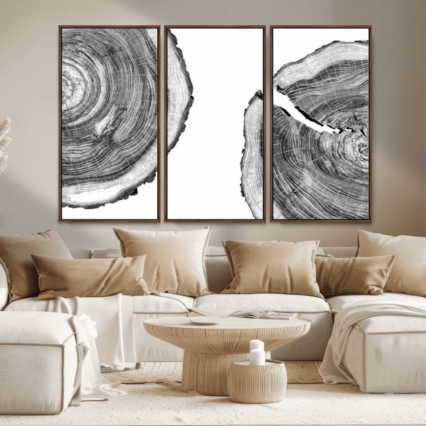 MGV-FC-48X32-3P - Abstract Large Tree Rings – Minimalist Black and White Wood Art | Triptych Canvas, Modern Wall Decor
