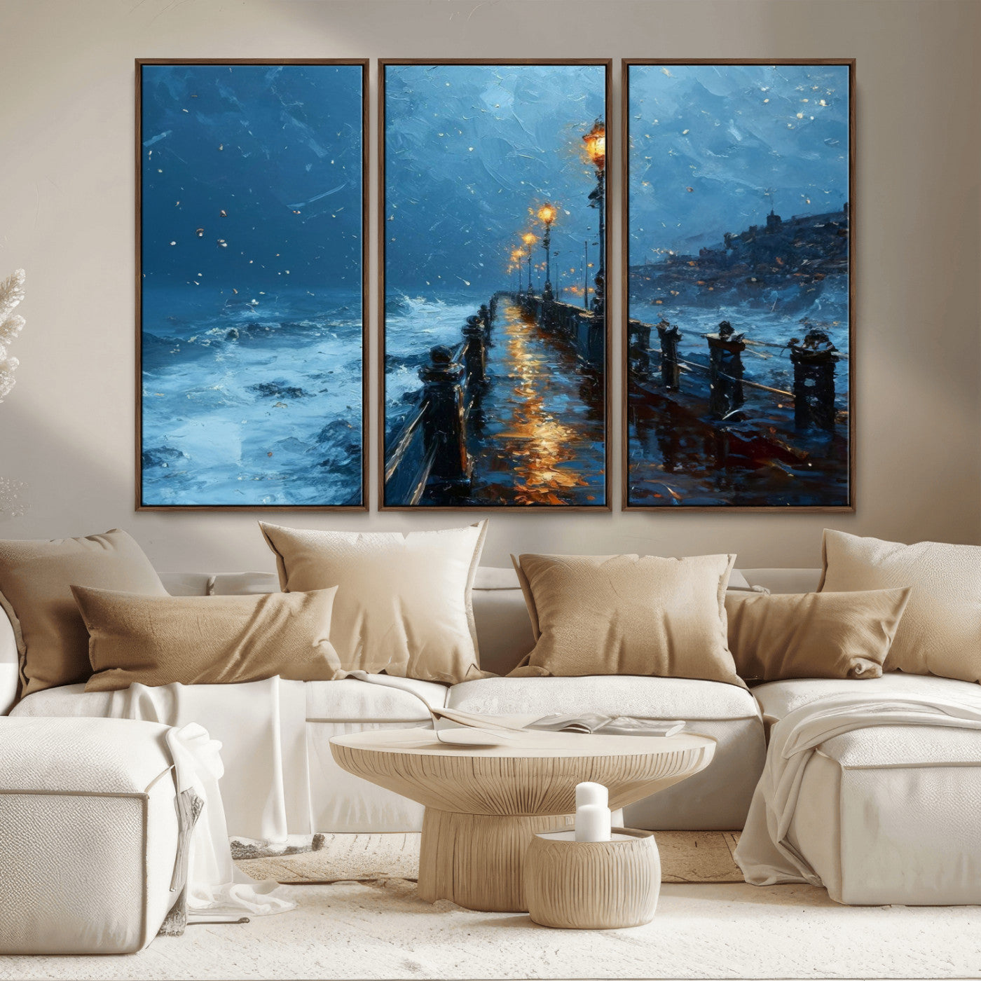 MGV-FC-48X32-3P - Stormy Night at Beach Pier Oil Painting Large Wall Art Print, Framed Canvas Nature Wall Decor,