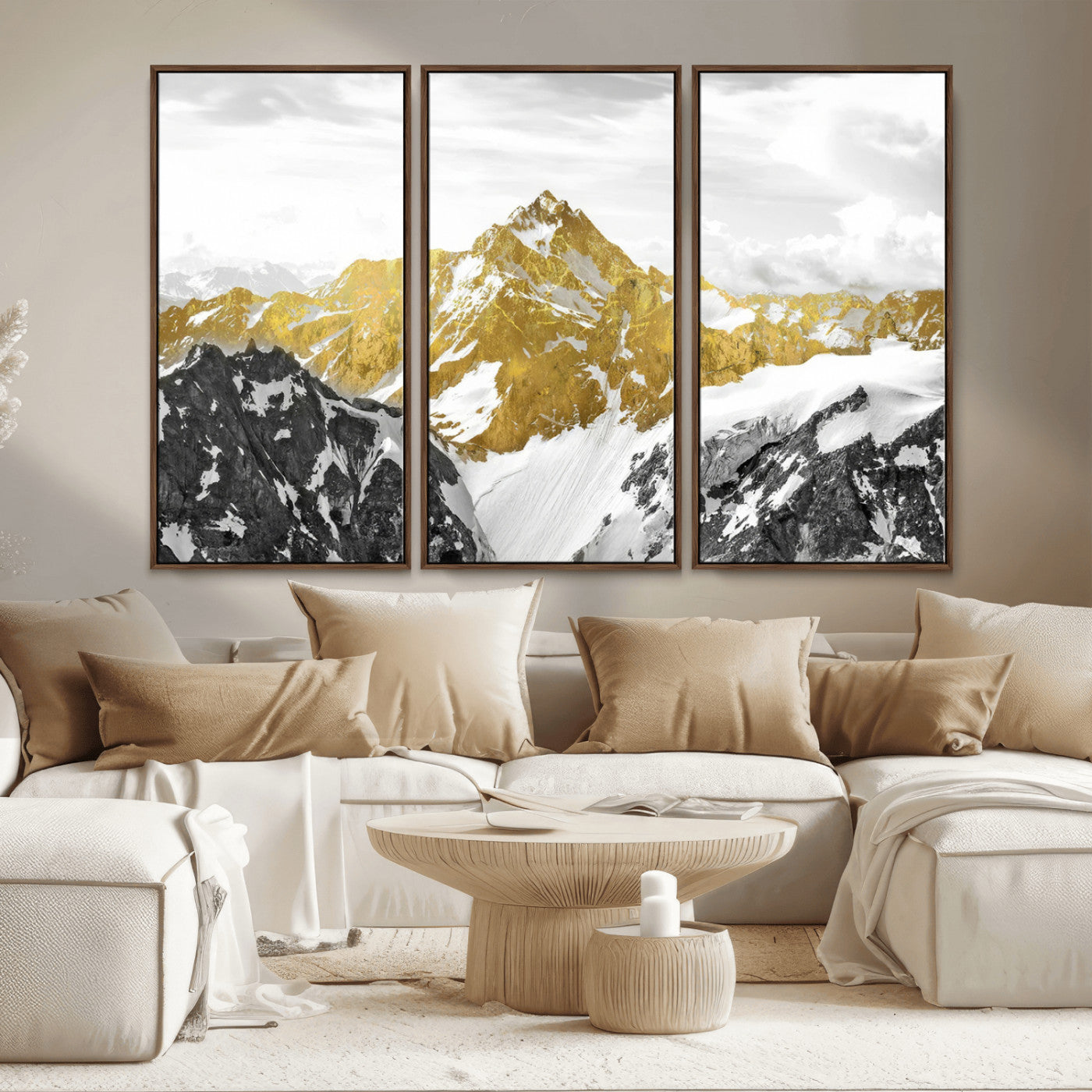 MGV-FC-48X32-3P - Gold Abstract Mountains Wall Art Print on Canvas, Nature Wall Art Print,