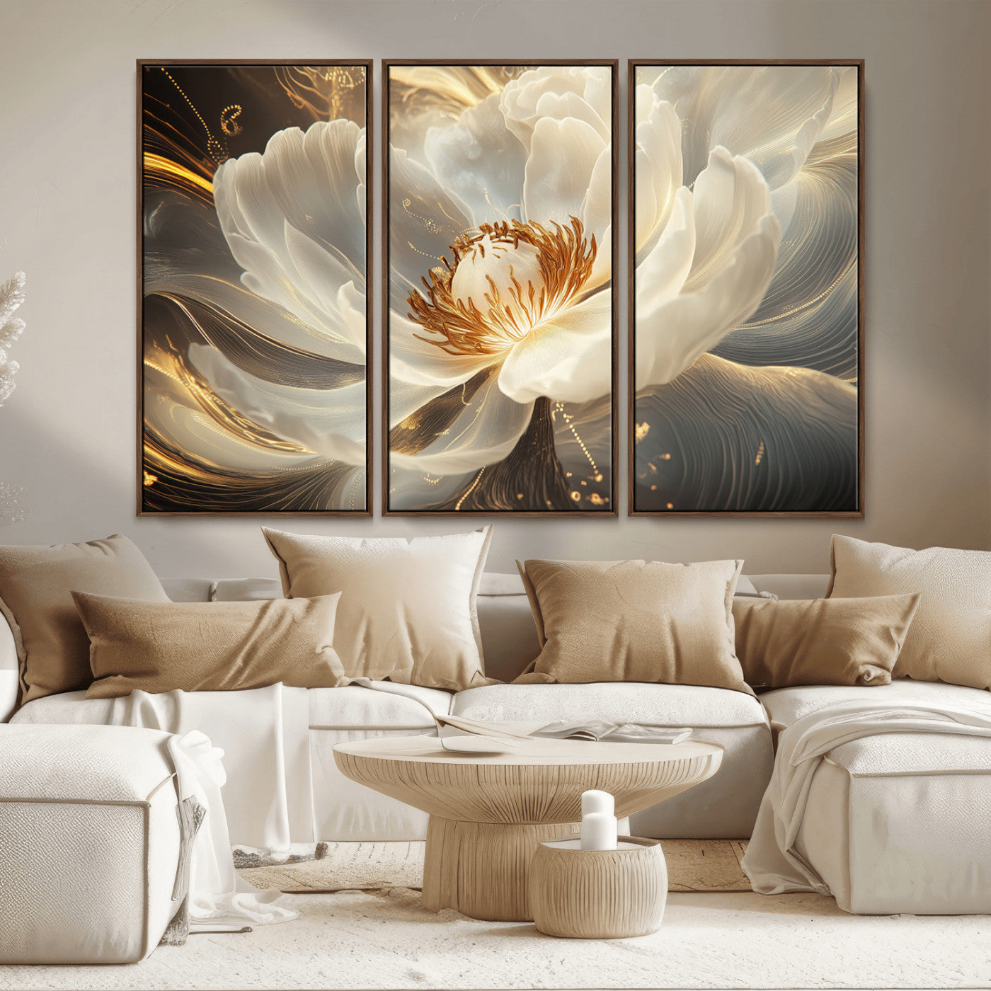 MGV-FC-48X32-3P - Gold Floral Wall Art Canvas Print, Framed Modern Flower Art Picture Print, Golden Abstract Perfect Vintage Decor Artwork