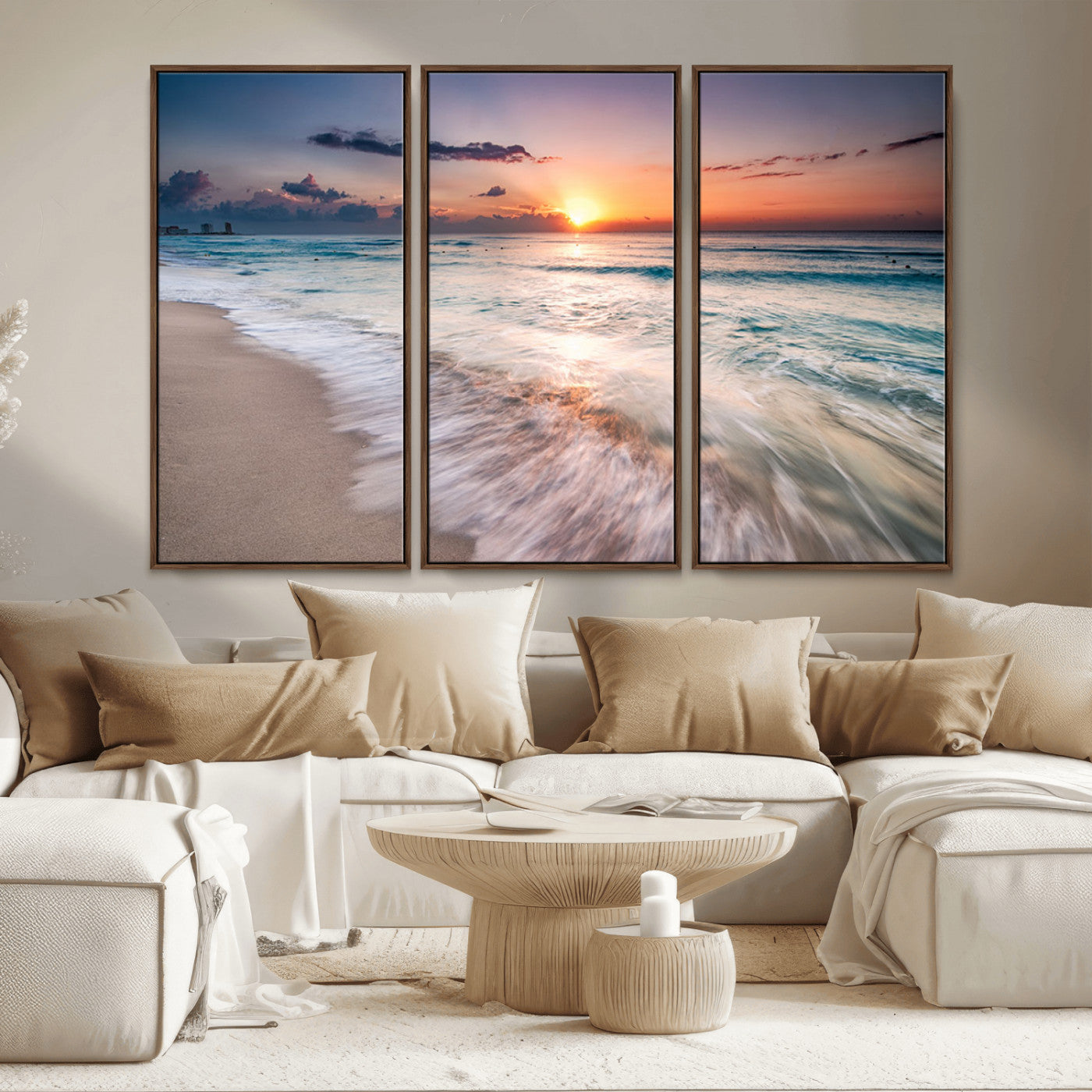 MGV-FC-48X32-3P - Sunset Beach Wall Art – Soothing Coastal Landscape, Ready to Hang for Tranquil Home Decor