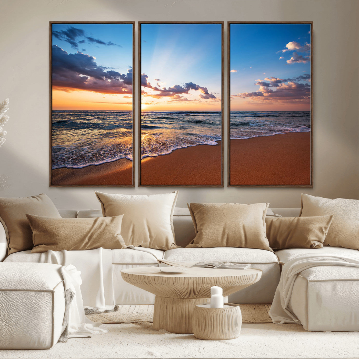 MGV-FC-48X32-3P - Golden Hour Beach Sunset Wall Art | Canvas Print | Ready to Hang | Coastal Wall Art for Living Room