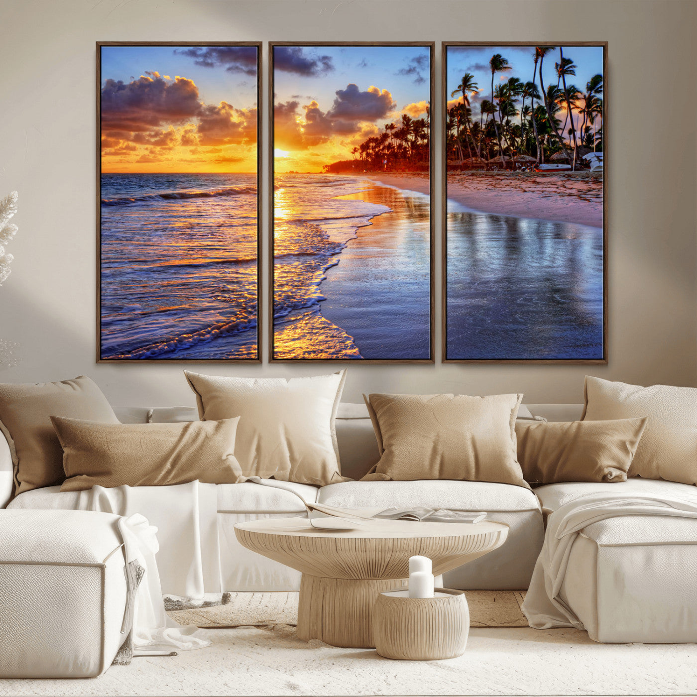 MGV-FC-48X32-3P - Serene Beach Sunset Wall Art Canvas- Coastal Seascape Print for Living Room or Bedroom, Ocean Waves