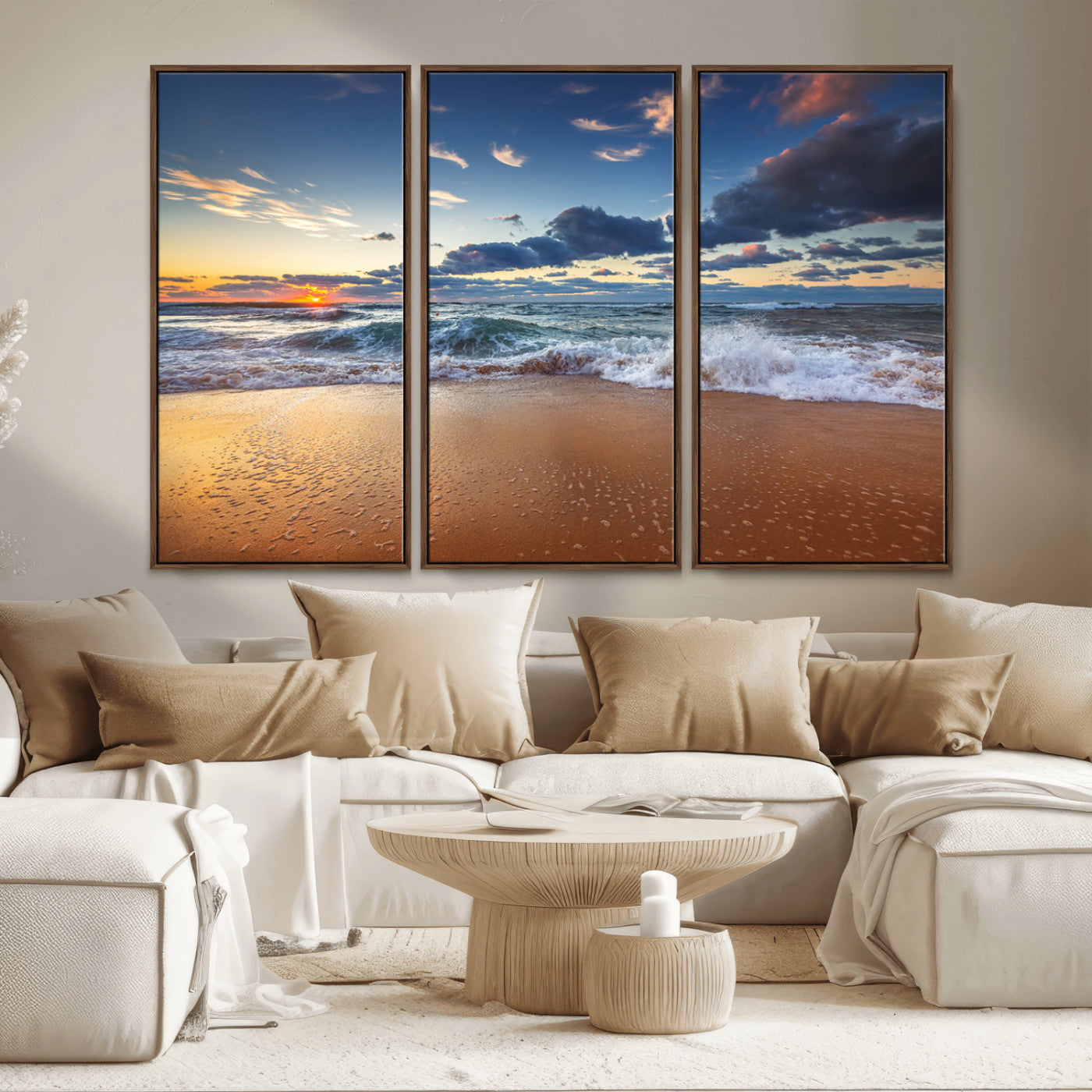 MGV-FC-48X32-3P - Beach Canvas Wall Art - Coastal Seascape Print for Living Room or Bedroom, Ocean Waves on Sand,