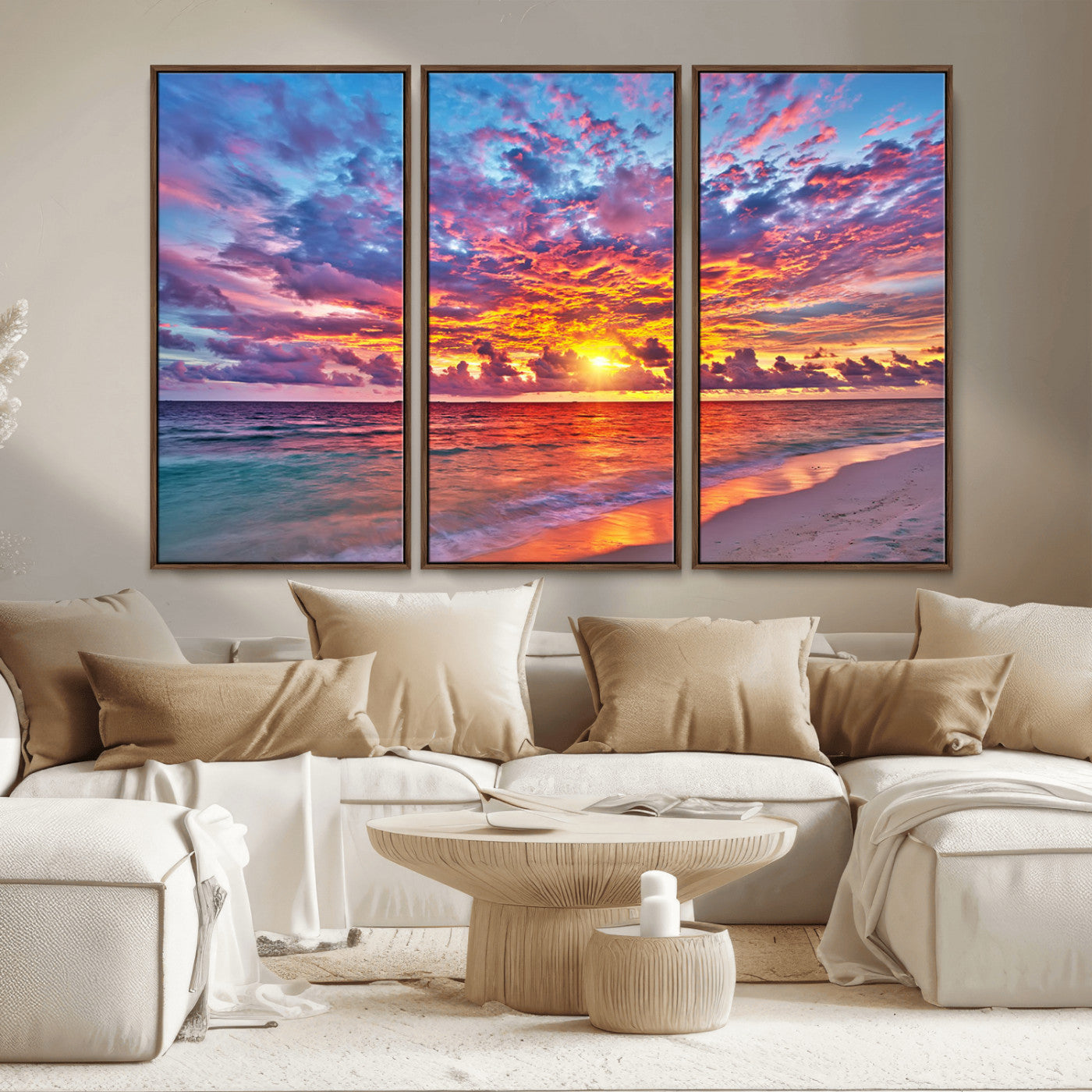 MGV-FC-48X32-3P - Vibrant Sunset Beach Wall Art - Ocean Sunset Canvas Print | Coastal Wall Art Decor Stunning Sunset