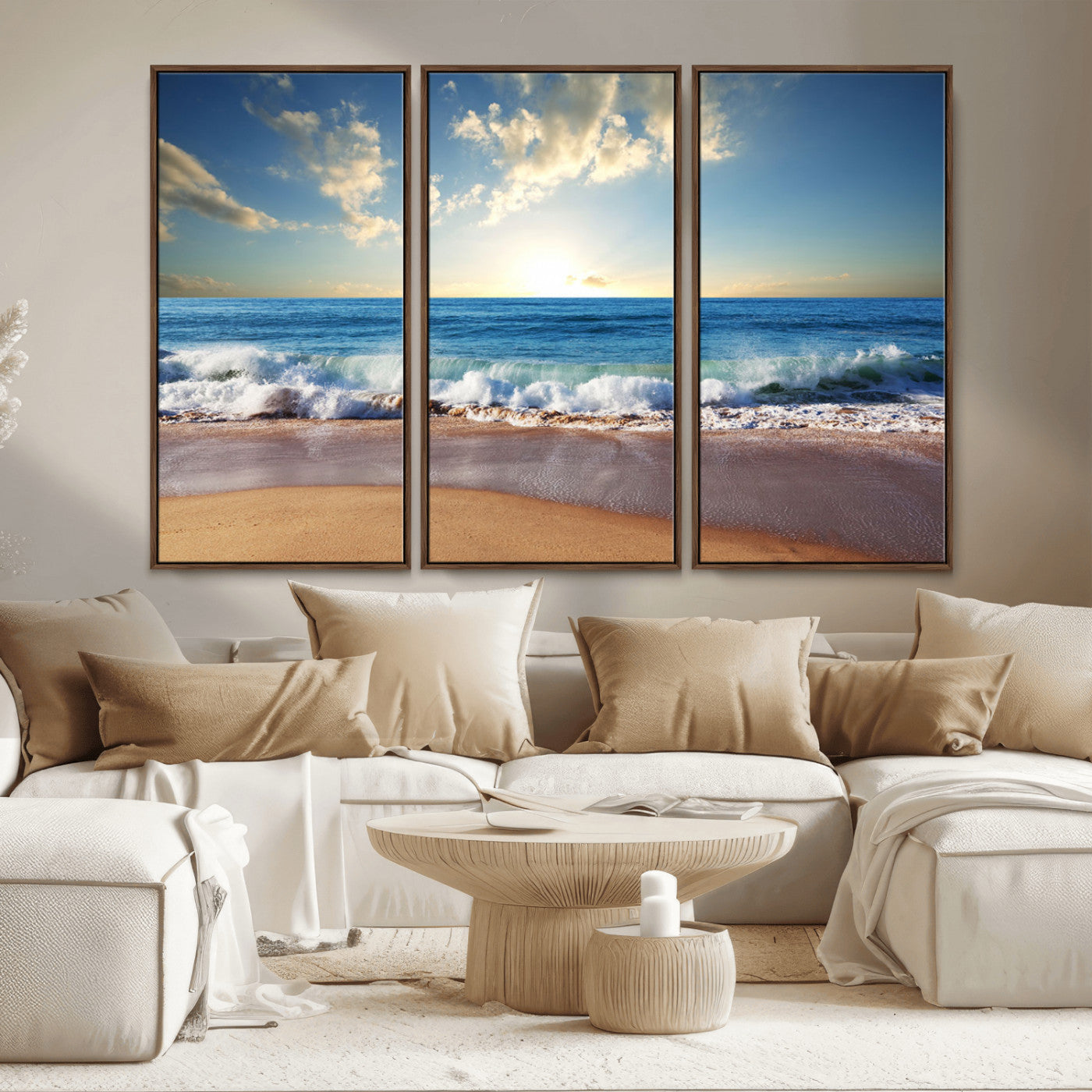 MGV-FC-48X32-3P - Serene Ocean Sunset Canvas Wall Art - Beach Waves at Sunset, Ready to Hang