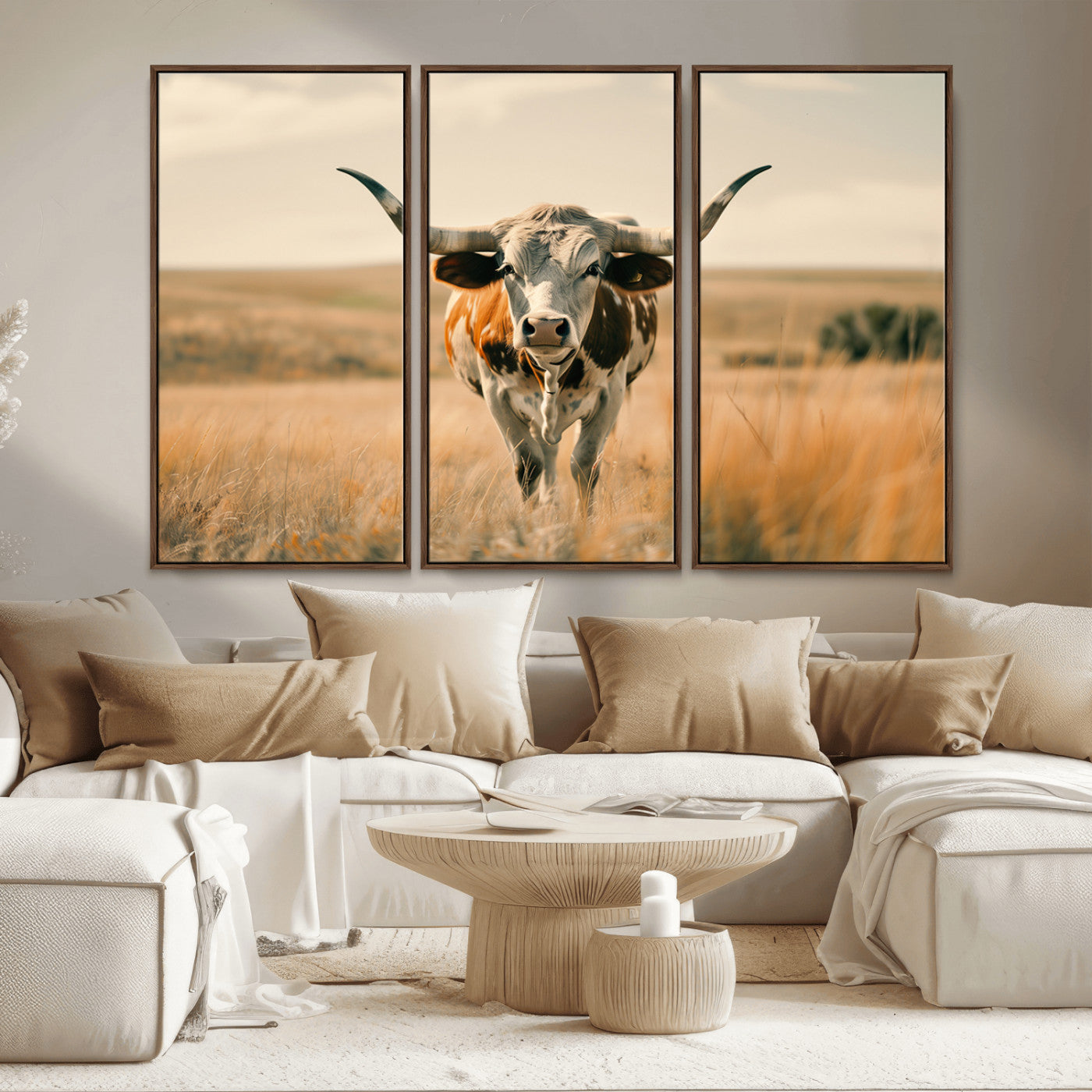 MGV-FC-48X32-3P - Texas Cow Wall Art Canvas Print for Farm House Wall Decor, Farmhouse Wall Art Print