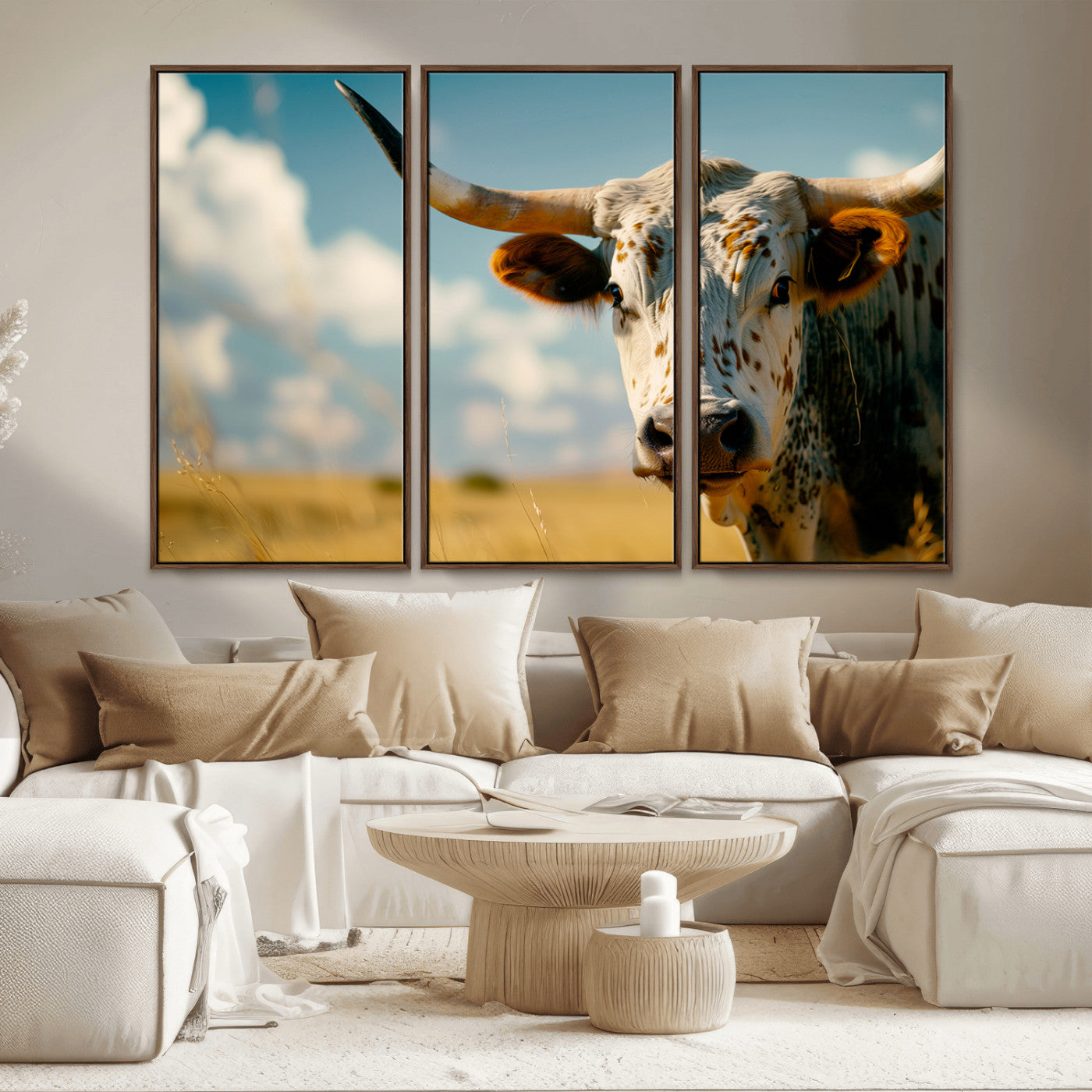 MGV-FC-48X32-3P - Longhorn in the Prairie - Stunning Ranch-Style Triptych Wall Art for Western Home Decor, Cowboy Wall