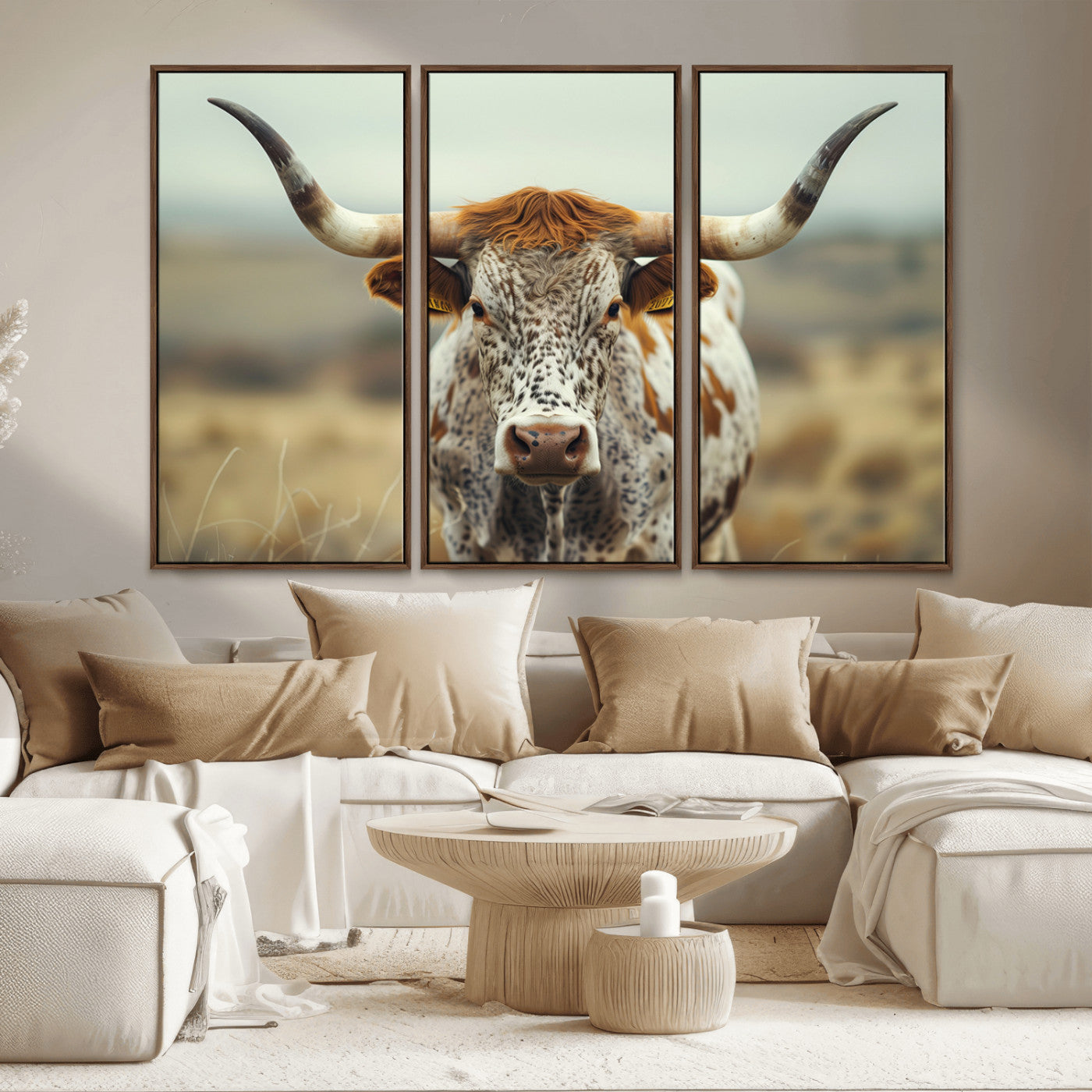 MGV-FC-48X32-3P - Texas Cow Longhorn Wall Art Canvas Print for Farm House Wall Decor, Farmhouse Wall Art Print