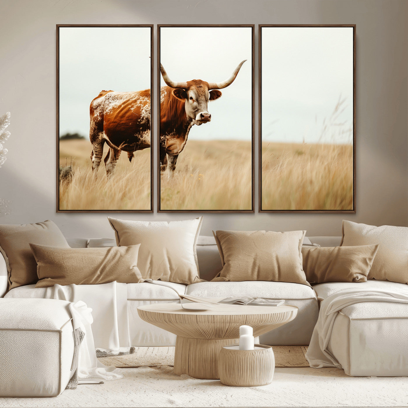 MGV-FC-48X32-3P - Texas Longhorn Canvas Wall Art Print – Majestic Western Cattle in Rustic Farmhouse Decor – Cow Wall