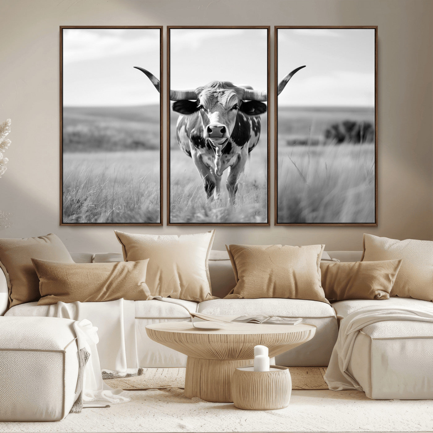MGV-FC-48X32-3P - Texas Cow Longhorn Wall Art Canvas Print for Farm House Wall Decor, Farmhouse Wall Art Print