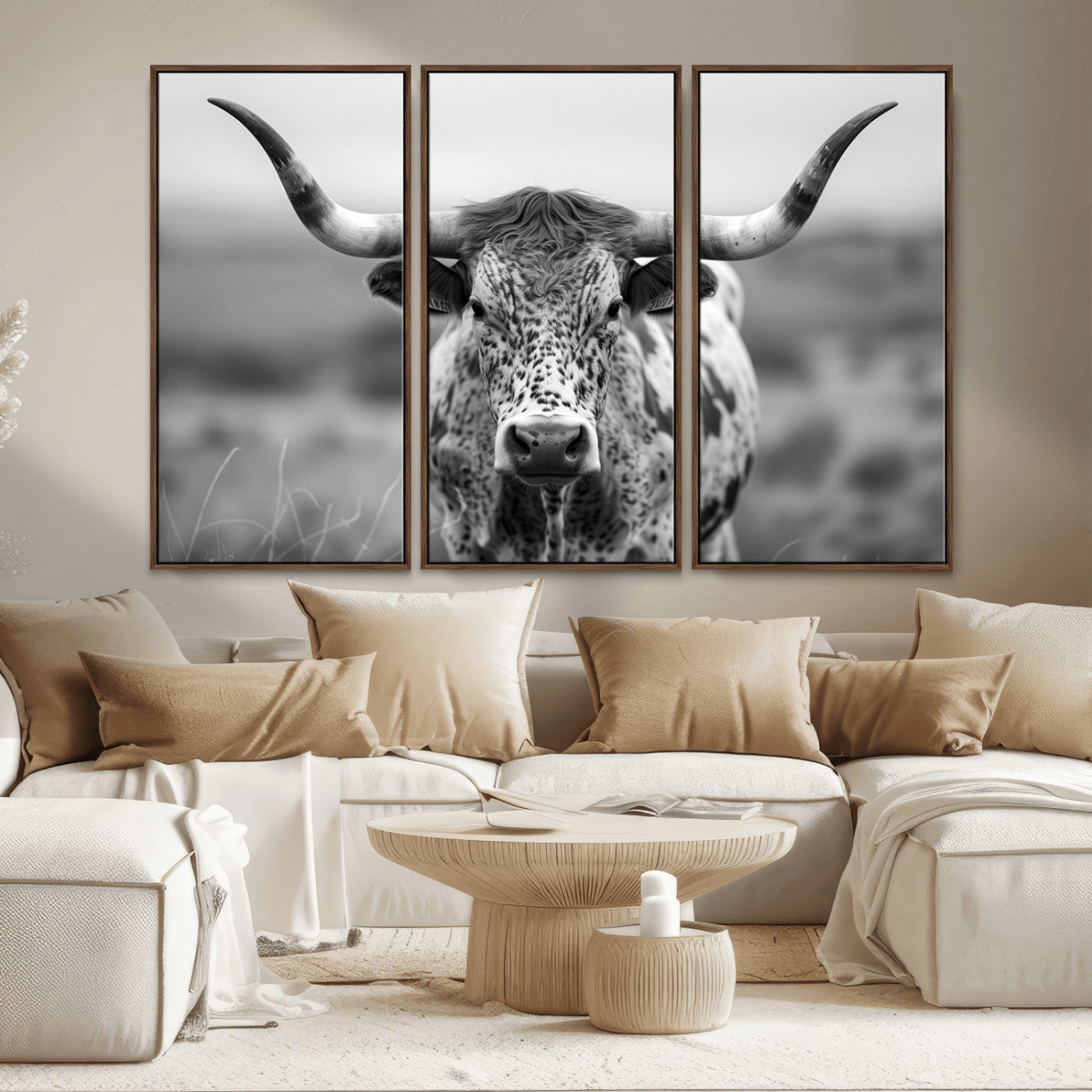 MGV-FC-48X32-3P - Texas Cow Longhorn Wall Art Canvas Print for Farm House Wall Decor, Farmhouse Wall Art Print