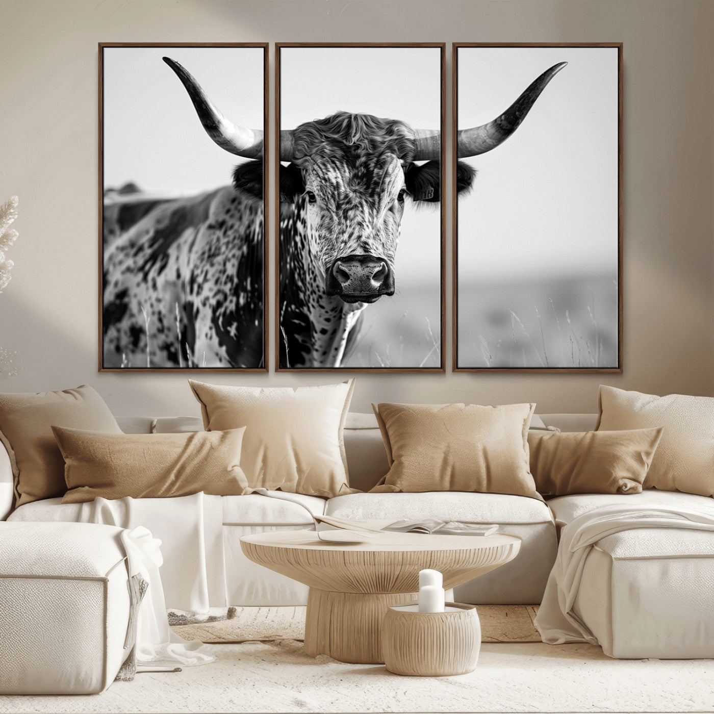 MGV-FC-48X32-3P - Texas Highland Cow Longhorn Canvas Print - Rustic Farmhouse Wall Art - Large Texas Longhorn