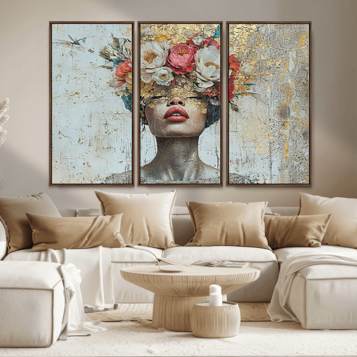 MGV-FC-48X32-3P - Golden Petal Wall Art Canvas Print - Silhouette Woman Wall Art Canvas Print, Floral Woman Portrait