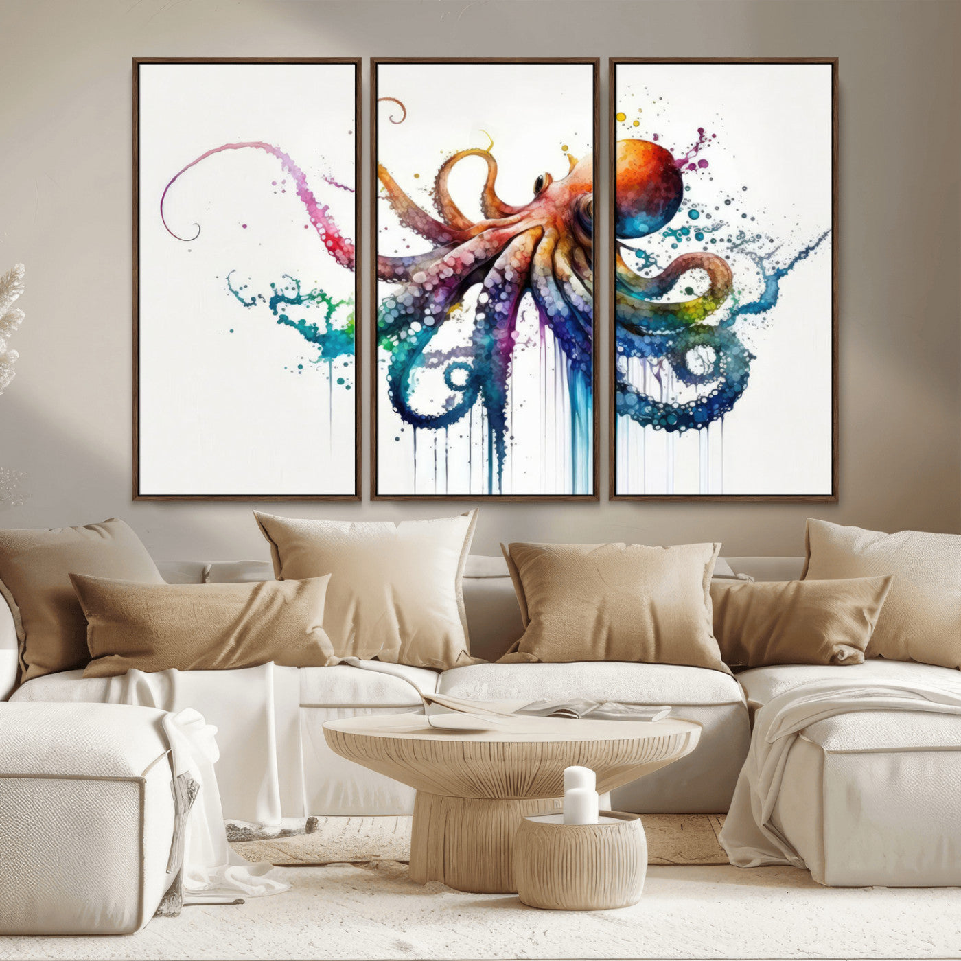 MGV-FC-48X32-3P - Watercolor Vibrant Octopus Wall Art Canvas Print | Abstract Sea Life Art | Colorful Marine Creature