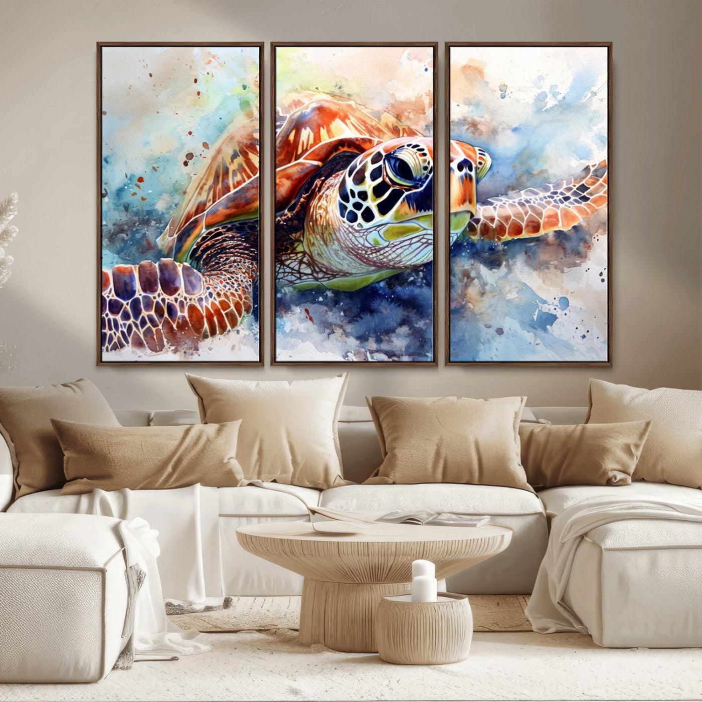 MGV-FC-48X32-3P - Watercolor Sea Turtle Wall Art Canvas Print - Vibrant Ocean Colors in Watercolor Style - Ready to