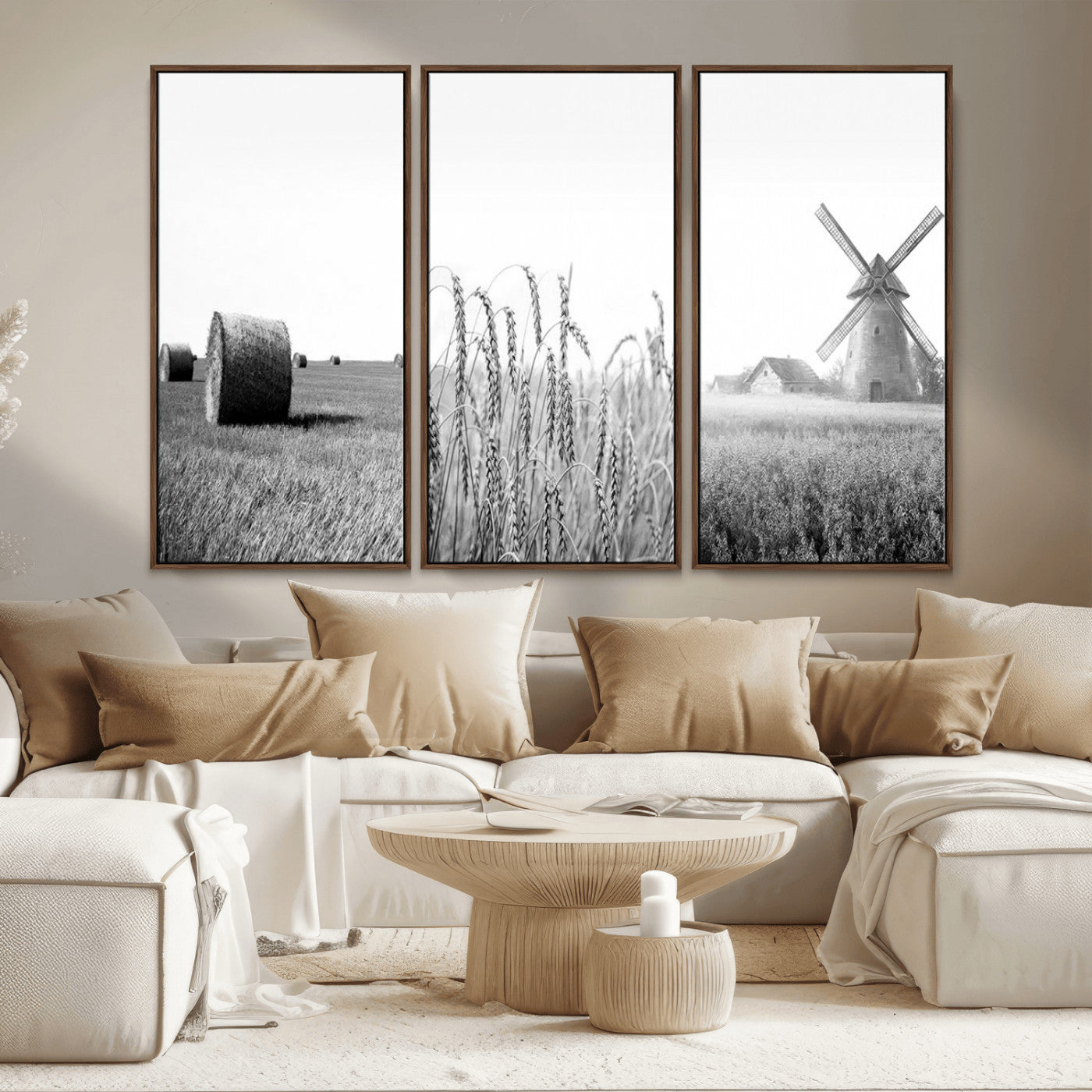 MGV-FC-48X32-3P - Vintage Farmhouse Black and White Triptych Wall Art – Giclee Canvas Featuring Wheat Fields, Hay