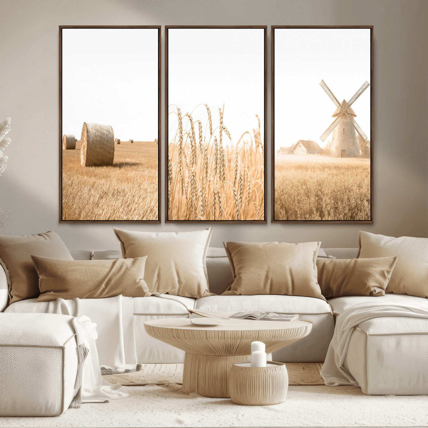 MGV-FC-48X32-3P - Vintage Farmhouse Triptych Wall Art – Giclée Canvas Featuring Wheat Fields, Hay Bales, and a