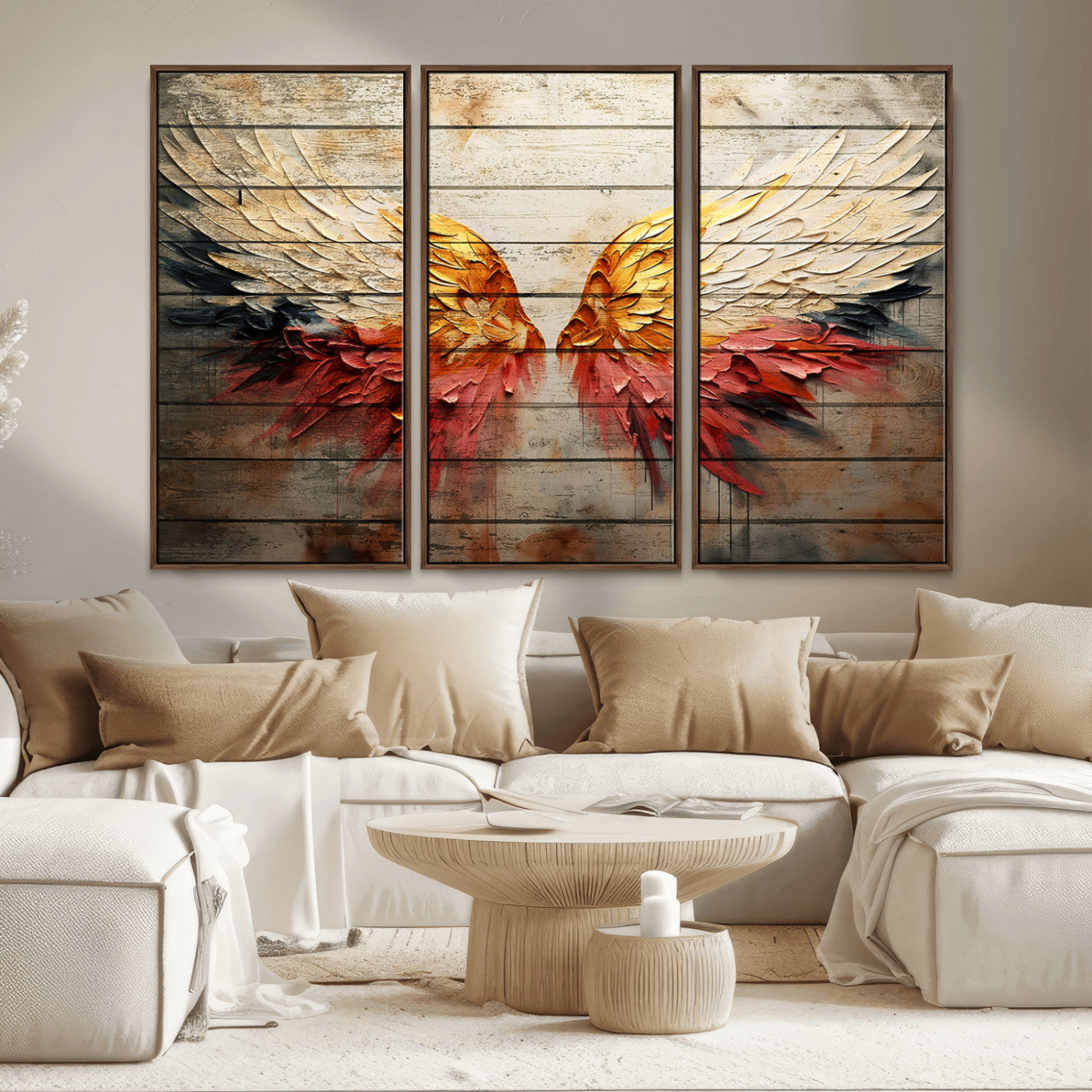 MGV-FC-48X32-3P - Abstract Angel Wings Canvas Wall Art – Framed and Ready to Hang Modern Angelic Wings Decor for