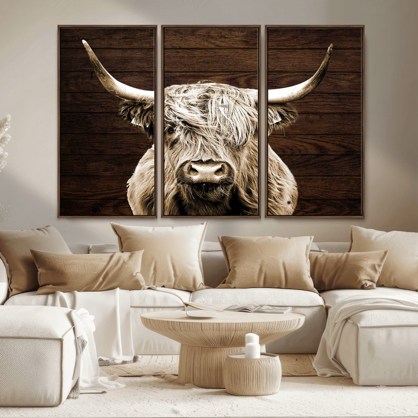 MGV-FC-48X32-3P - Highland Cow Wall Art Canvas Print, Rustic Farmhouse Decor, Majestic Scottish Highland Bull Portrait