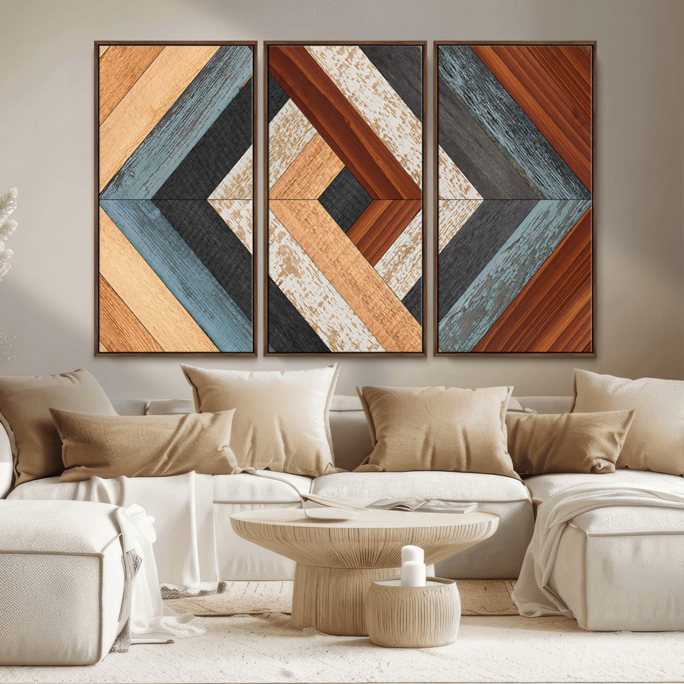 MGV-FC-48X32-3P - Geometric Wood Art Wall Decor Canvas Print, Rustic Wooden Pattern Triptych Wall Art for Living Room