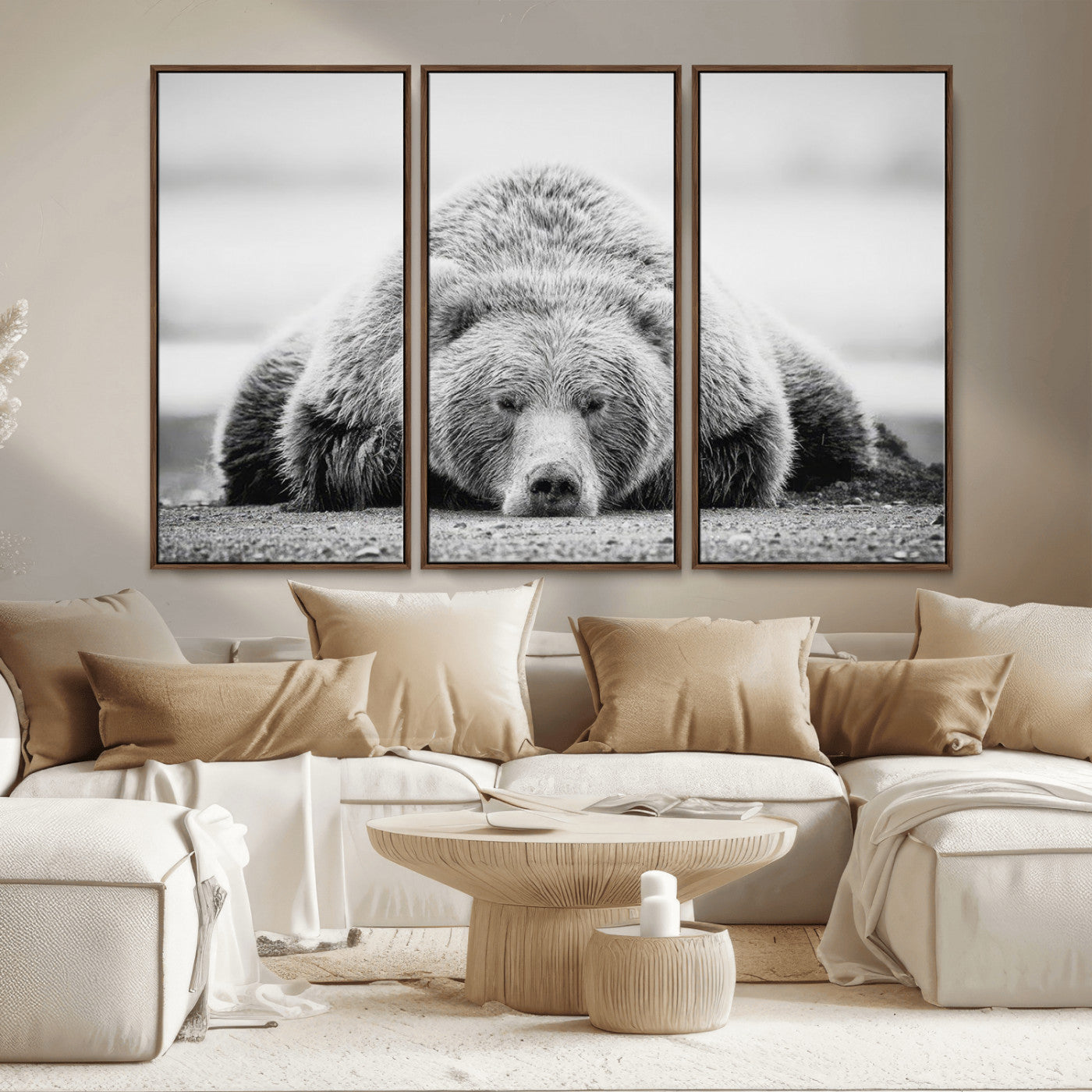 MGV-FC-48X32-3P - Resting Grizzly Bear Wall Art Canvas Print – Majestic Lazy Black and White Wildlife Bear Art,
