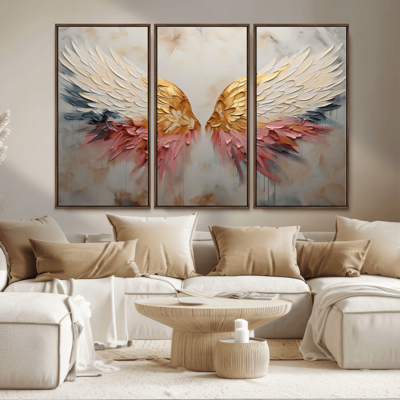 MGV-FC-48X32-3P - Golden Angel Wings Wall Art Canvas Print – Stunning Abstract Winged Art for Elegant Home Decor –