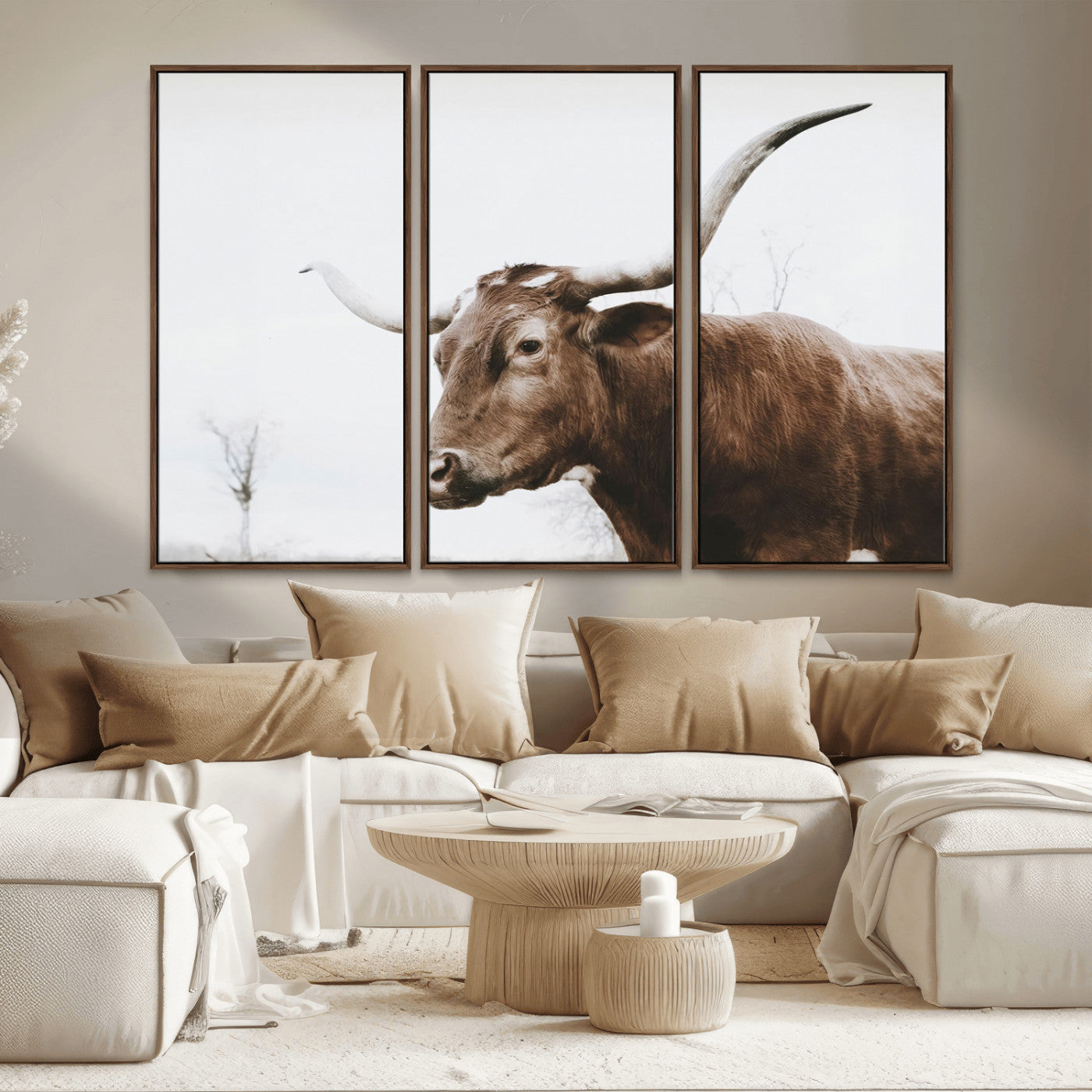MGV-FC-48X32-3P - Rustic Bull Wall Art Canvas Print – Modern Longhorn Farmhouse Animal Decor – Abstract Farm Cow
