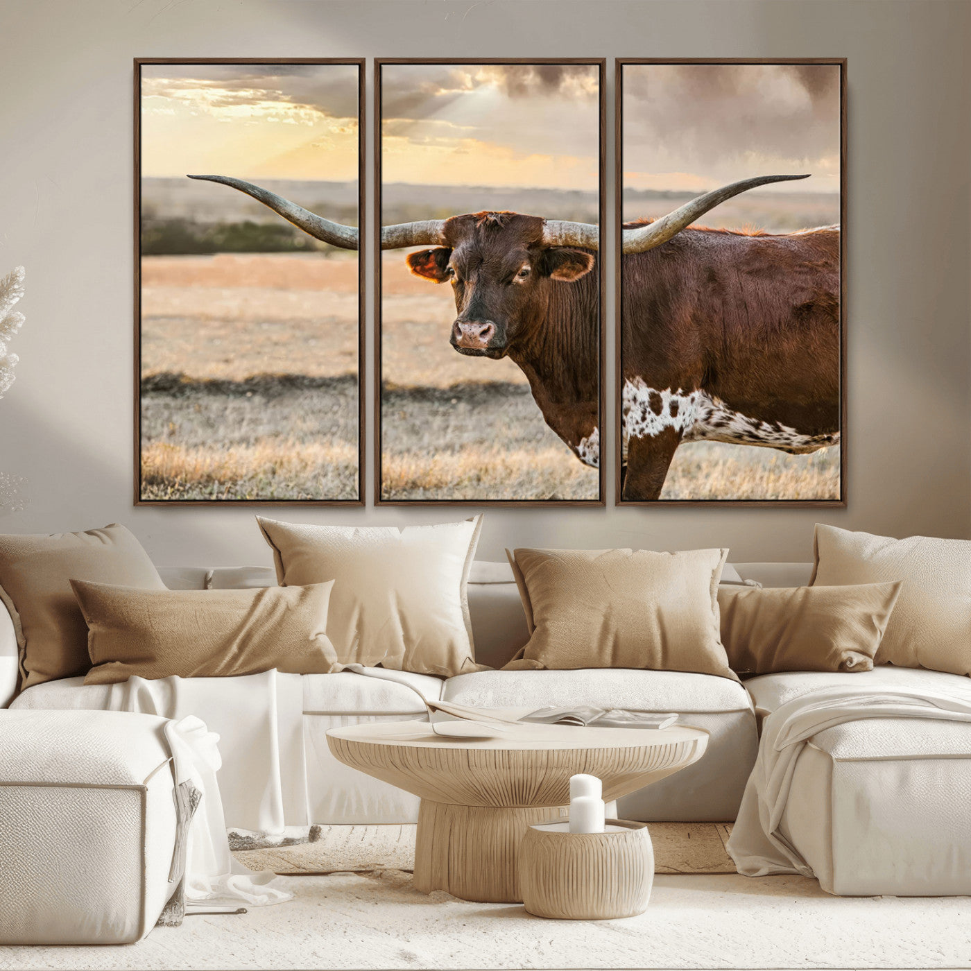 MGV-FC-48X32-3P - Texas Longhorn Wall Art Canvas Print, Rustic Ranch Decor, Majestic Western Longhorn Cattle
