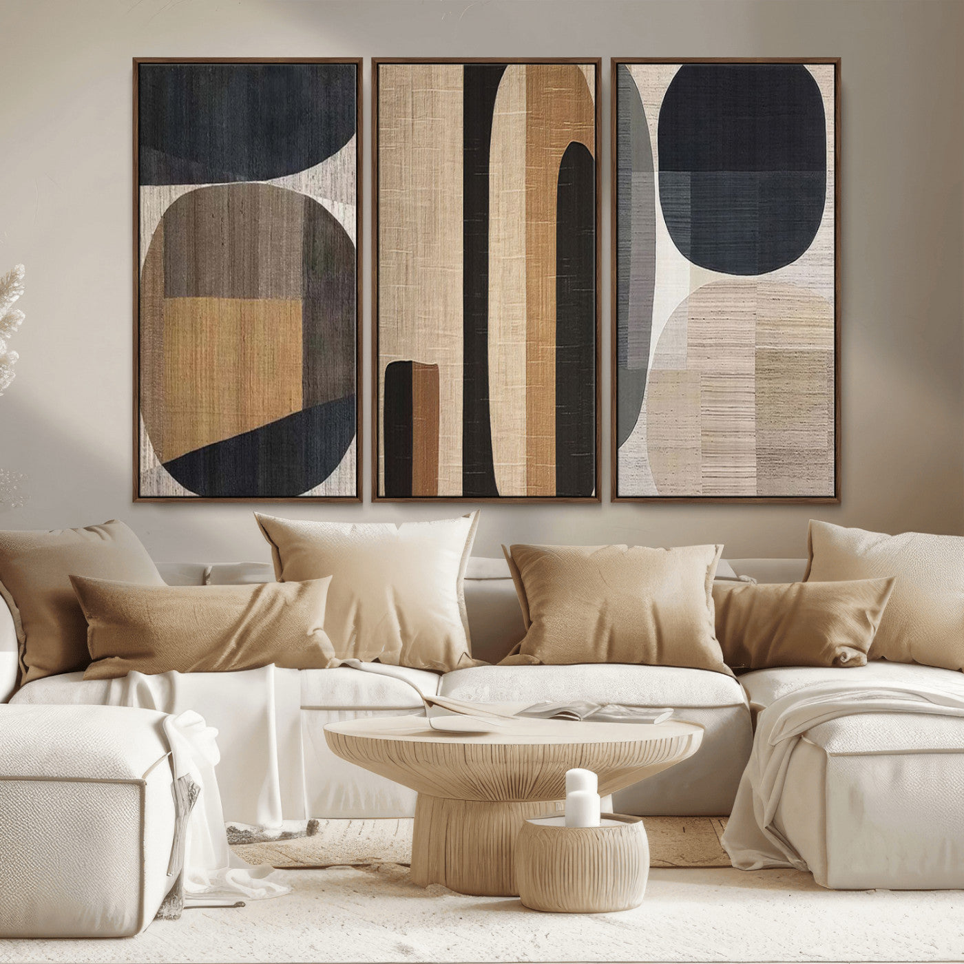 MGV-FC-48X32-3P - Abstract Minimalist Canvas Wall Art - Neutral Geometric Modern Boho Decor, Minimalist Brown Wabi