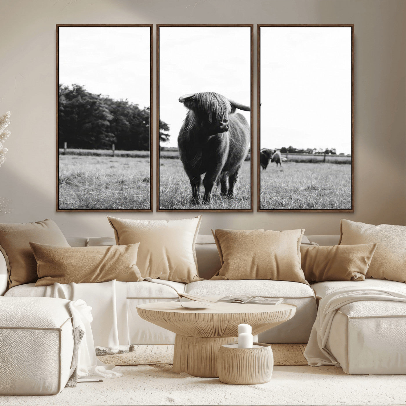 MGV-FC-48X32-3P - Black and White Highland Cow Wall Art Canvas Print | Rustic Western Decor for Living Room or Office,