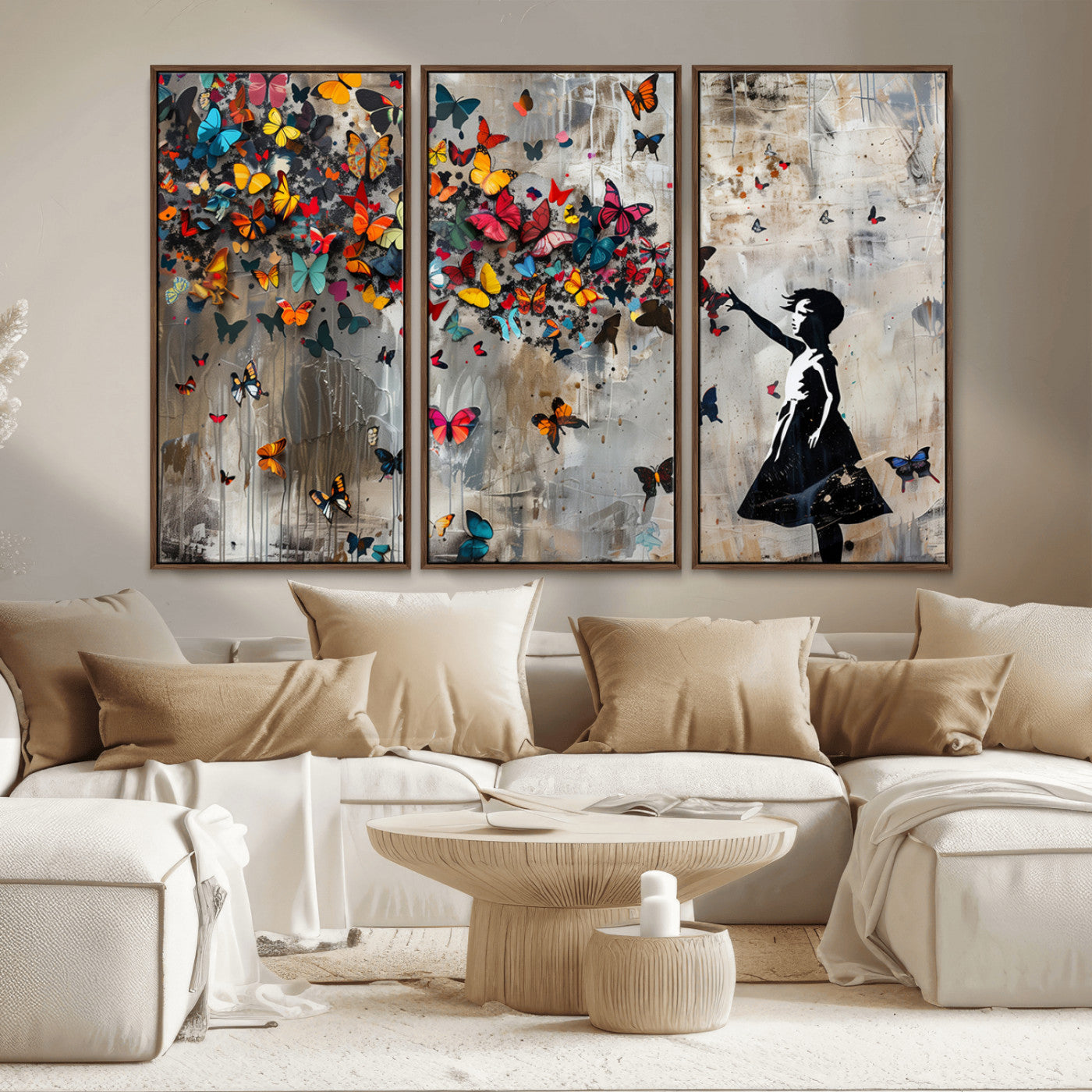 MGV-FC-48X32-3P - Banksy Wall Art - Banksy Girl and Butterfly Explosion Wall Art Canvas Print | Girl with Butterflies