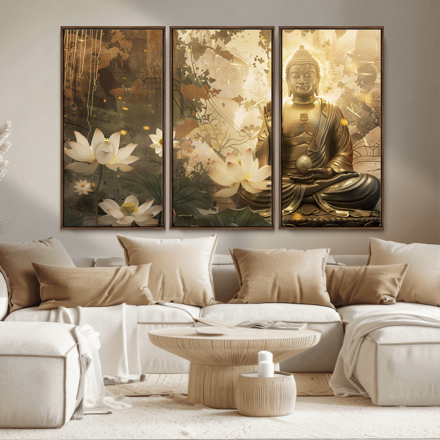 MGV-FC-48X32-3P - Zen Buddha Wall Art Canvas Print | Peaceful Meditation Decor with Lotus Flowers | Spiritual Serenity