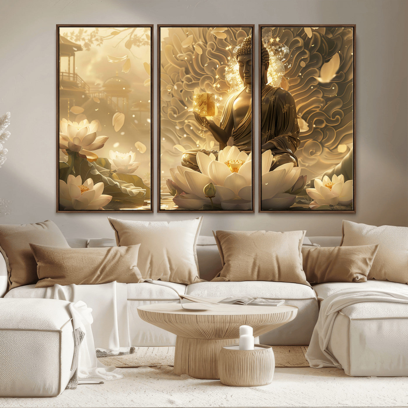 MGV-FC-48X32-3P - Golden Buddha Wall Art | Yoga Room Decor and Meditation Room Wall Art | Framed and Ready to Hang